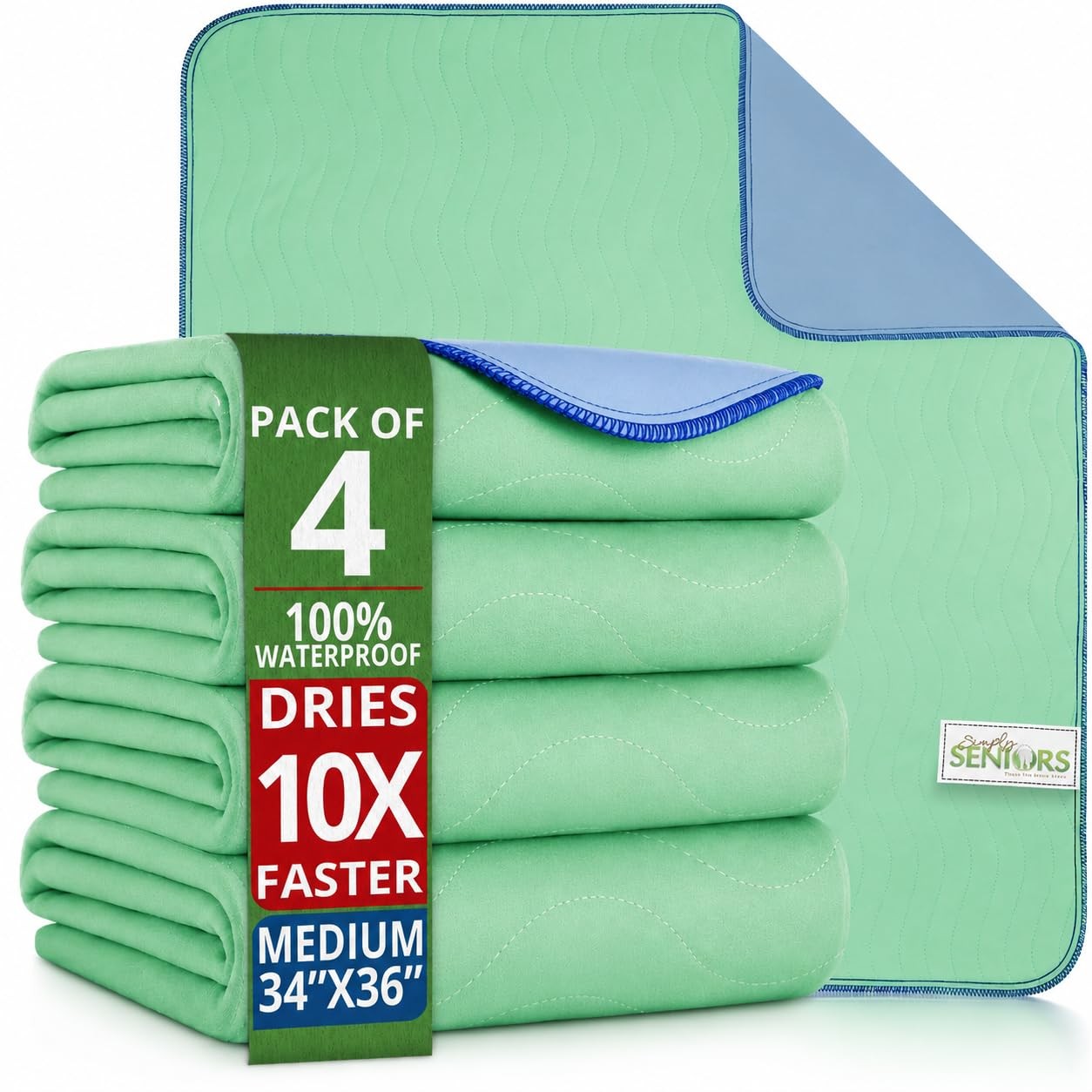 4 Pack Washable Waterproof Bed Pads 34″x36″ Incontinence Pee Pads for Adults & D