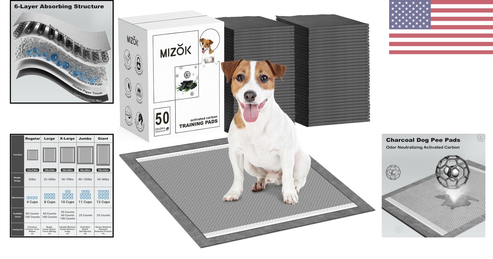 Charcoal Odor Eliminating Dog Pee Pads 23x24in – 50 Count, Leak-Proof Design