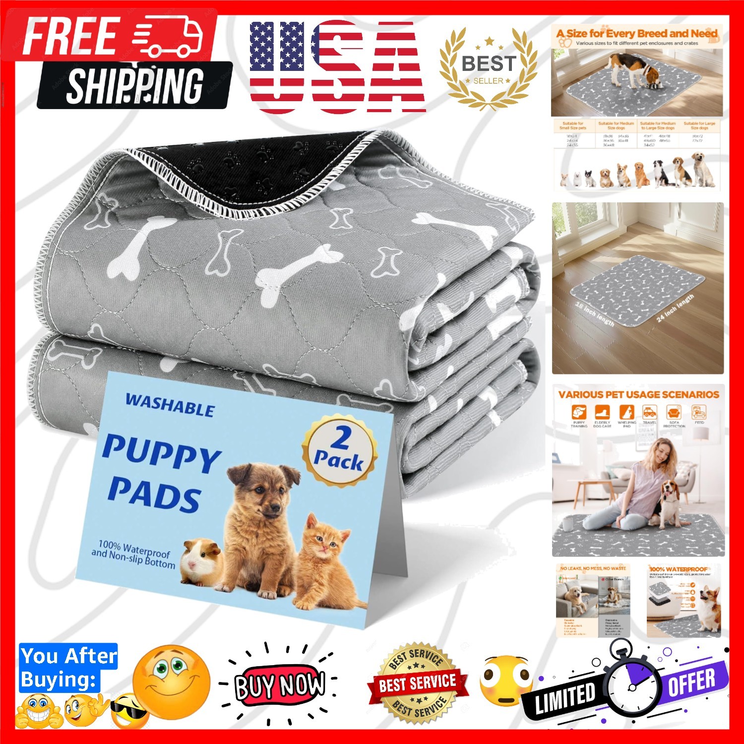 Washable Pee Pads for Dogs, 2Pack Reusable Puppy Pads, Fast Absorbent Dog Pee…