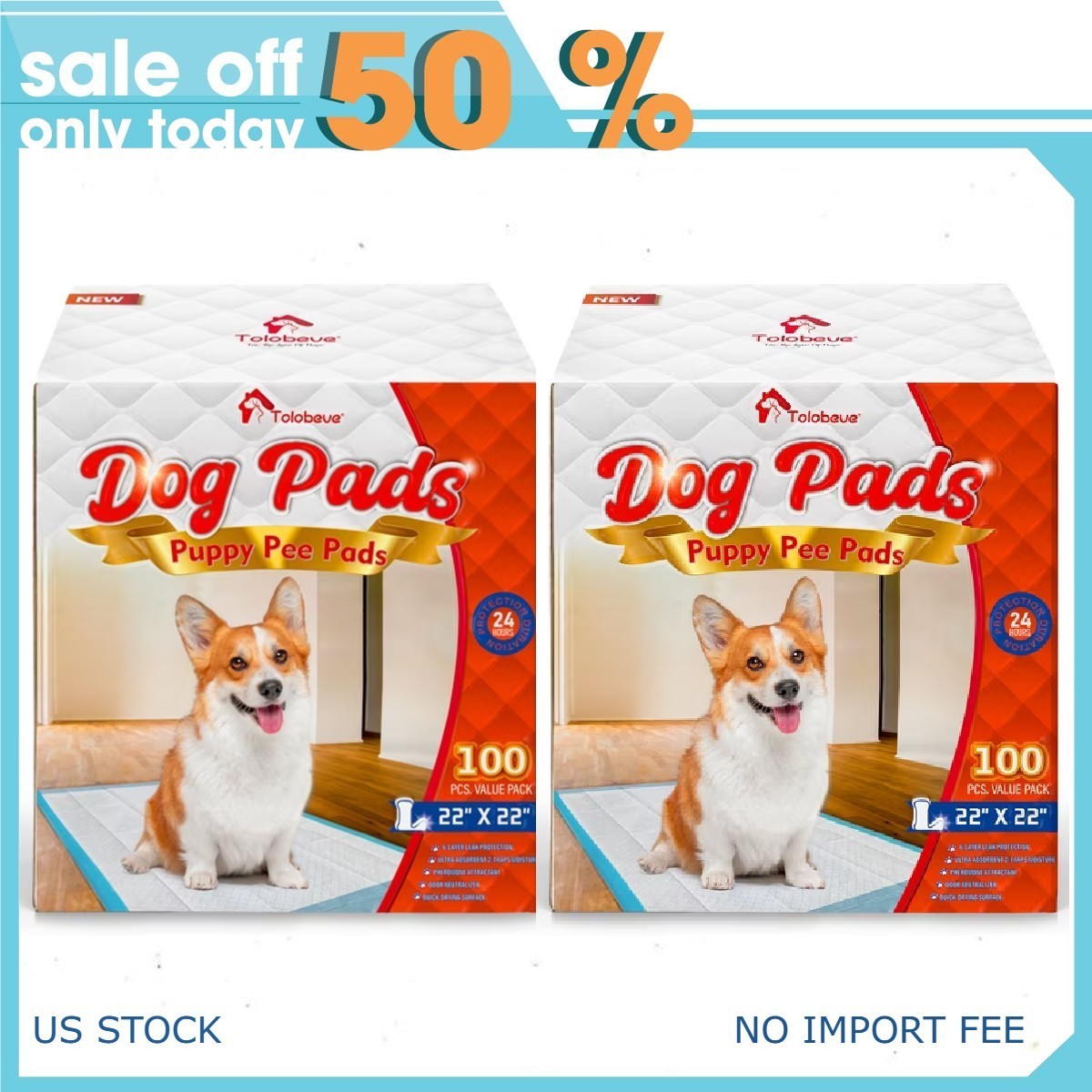 Tolobeve Puppy Pads Training Pads, Large, 22 in x 22 in, 200 Count