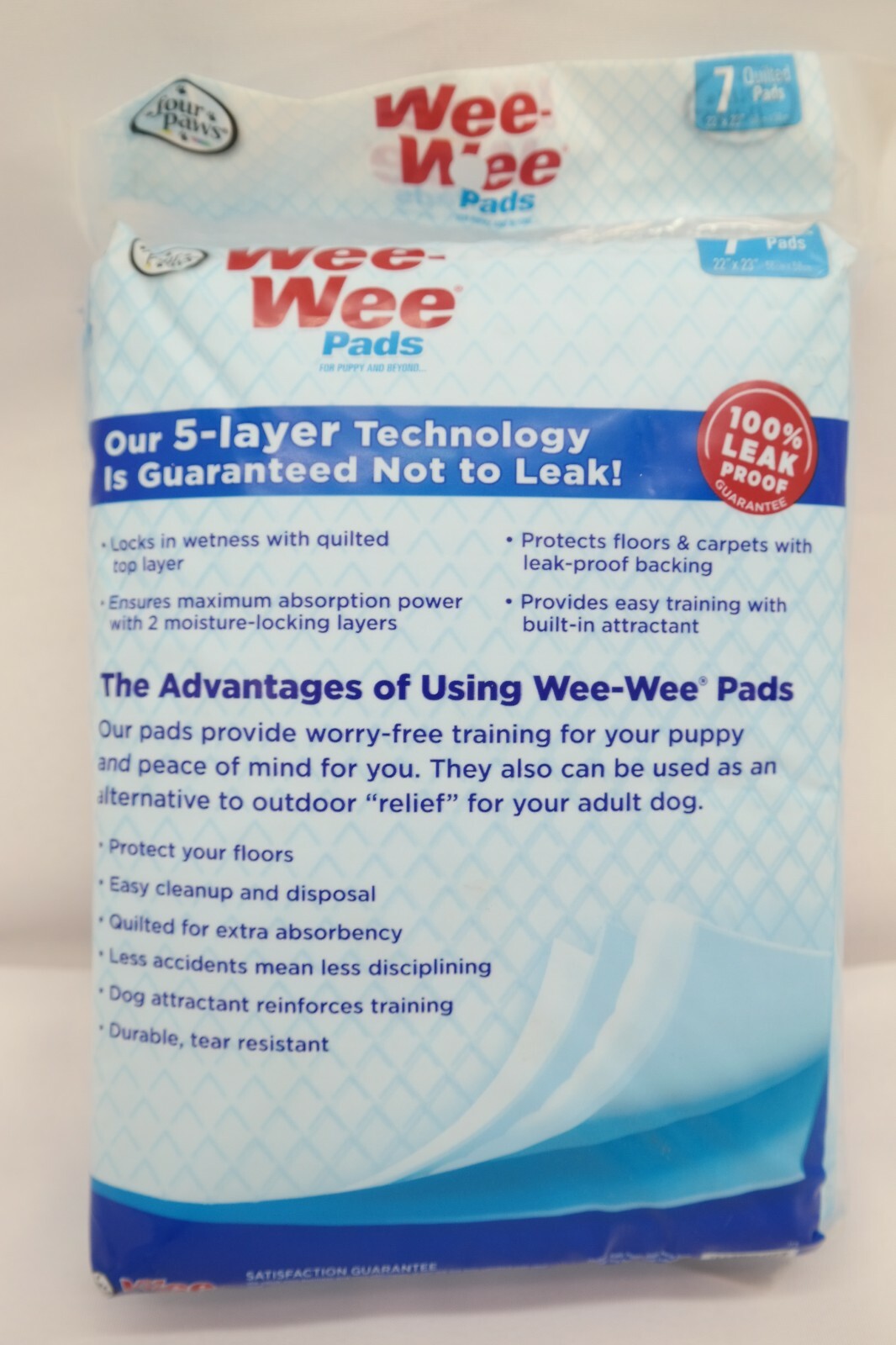 7 Pack Four Paws Wee Wee Pads 22″x23″ White 5-Ply Leak Proof Pads TF