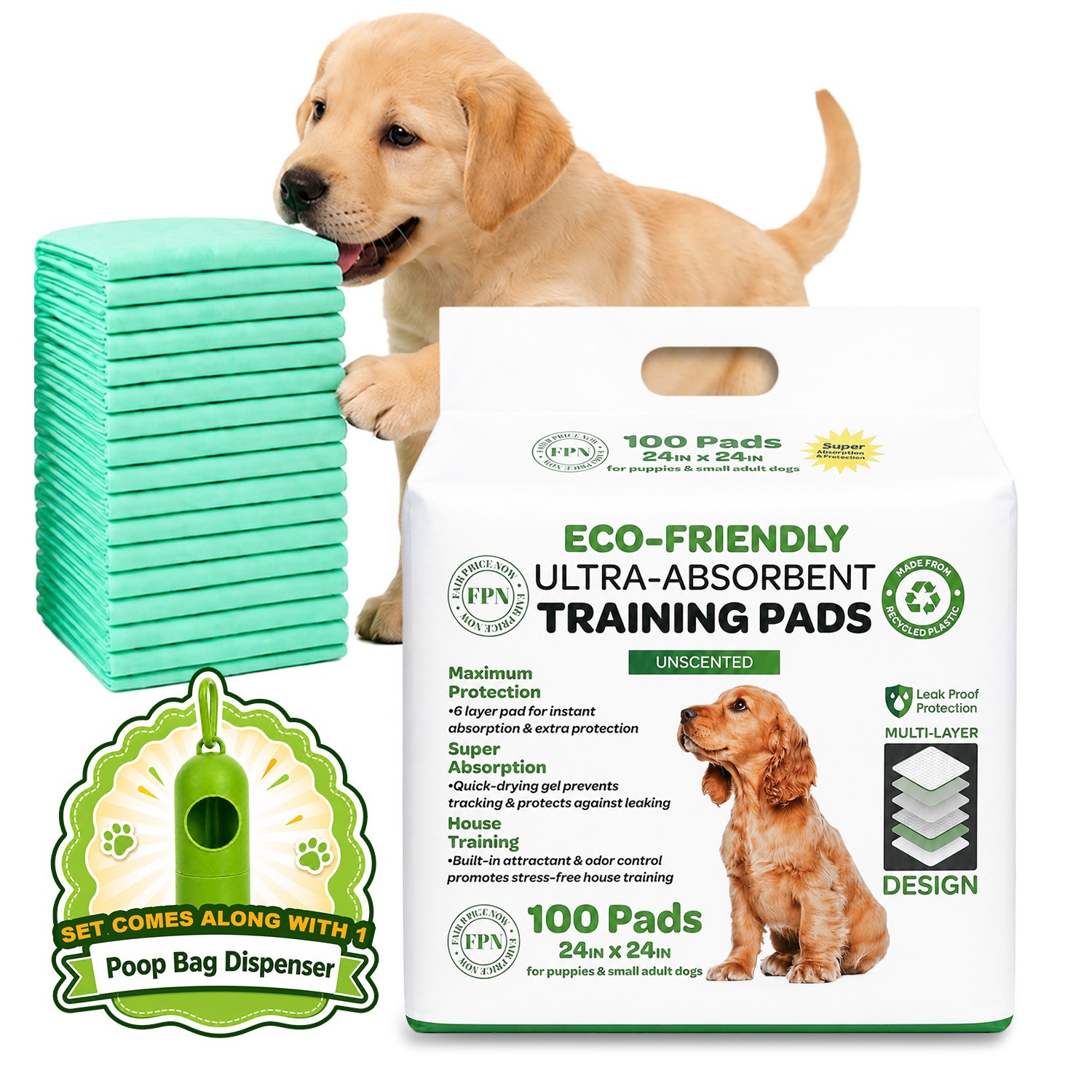 Dog Pee Pads 24×24 Puppy Training Pads 100 Leakproof Made with Recycled Plastic