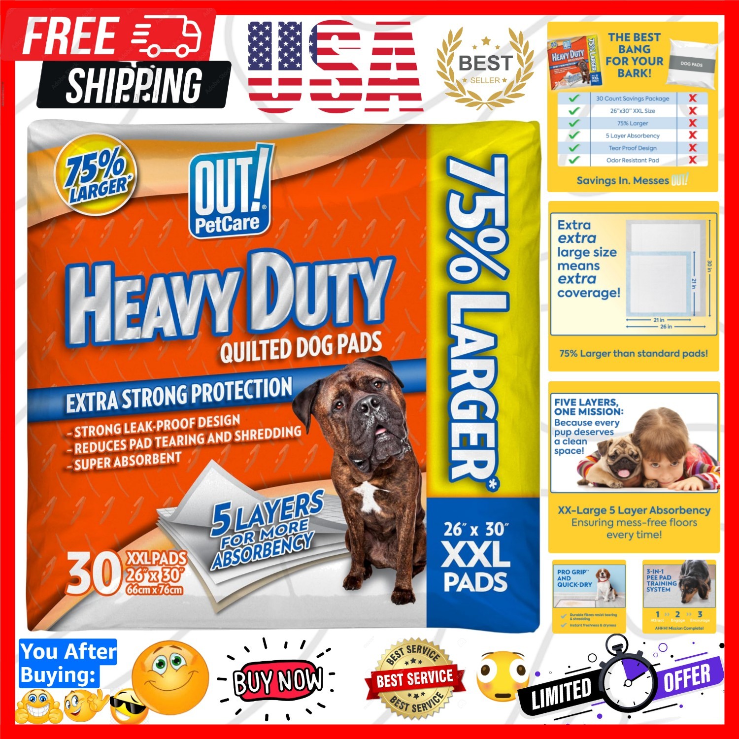 XXL Heavy Duty Dog Potty Pads – Leak Proof, 5-Layer Training Essentials 30 Count