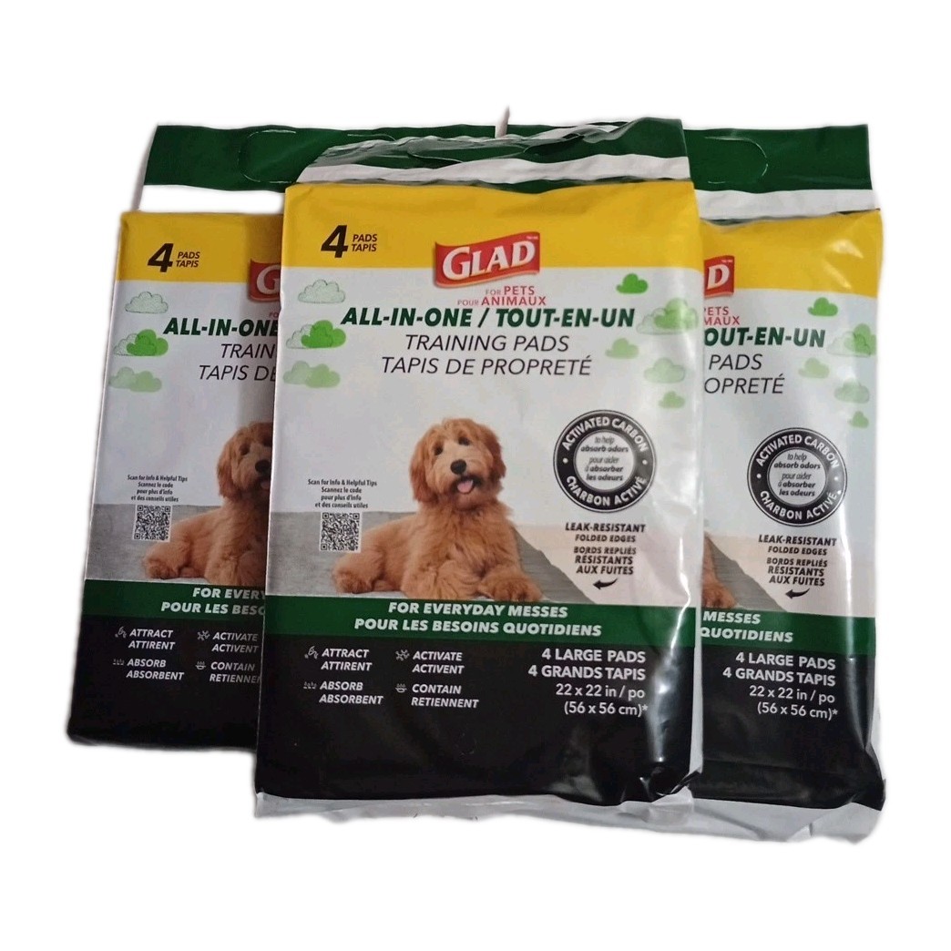 LOT OF 3- GLAD (ALL-IN-ONE) TRAINING PADS/4 LARGE PADS (22” x 22”) FOR PETS