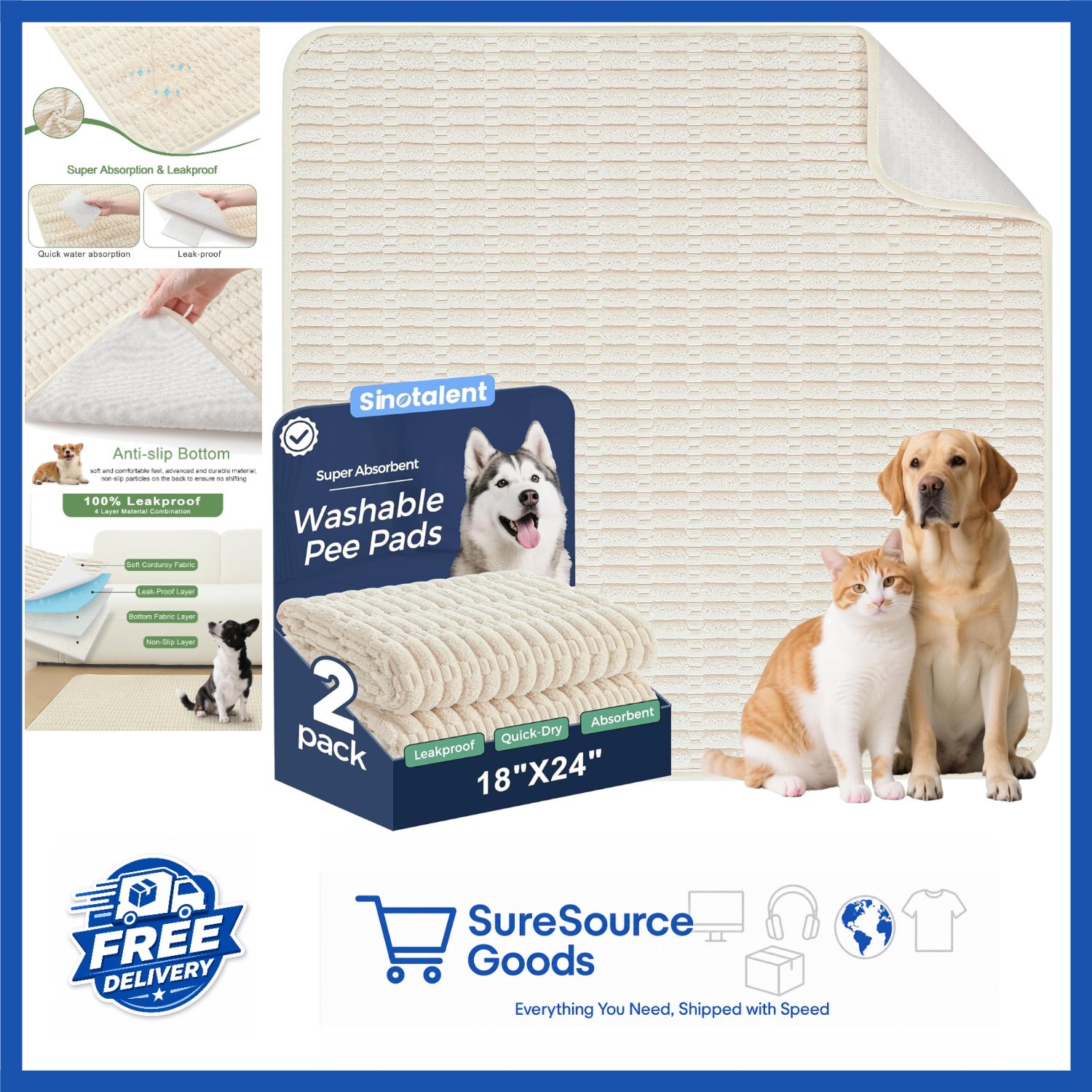 Washable Dog Pee Pads 18″x24″ Cream White Reusable Non-Slip for Puppies 2 Pack