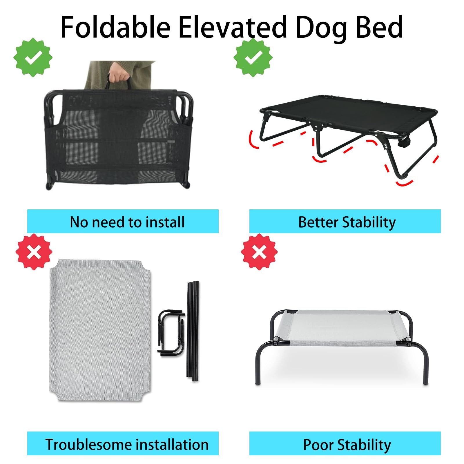 Outdoor Elevated Dog Bed Cooling Raised Dog Cots Black Pet Beds with Breathab…