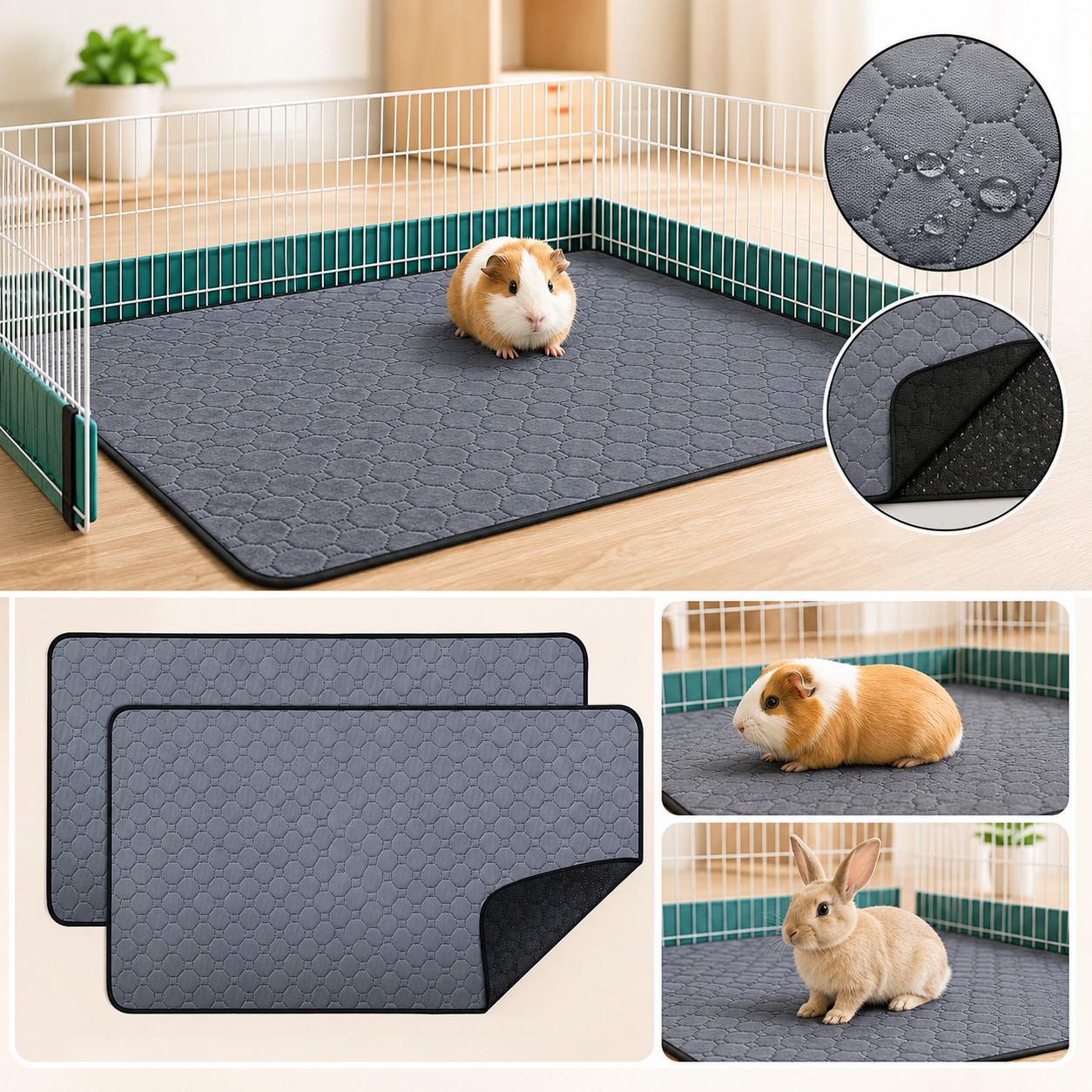 Washable Small Animal Cage Liner Reusable Pet Pad Non Slip Bedding Mat for Pets