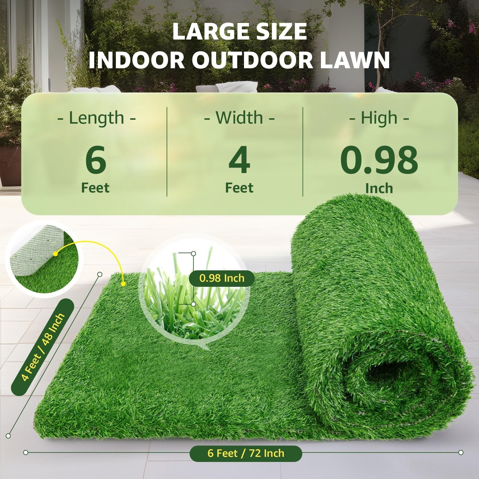 Synthetic Artificial Grass Turf Roll for Dogs, Drainage Holes, 4×6 ft Garden Pat