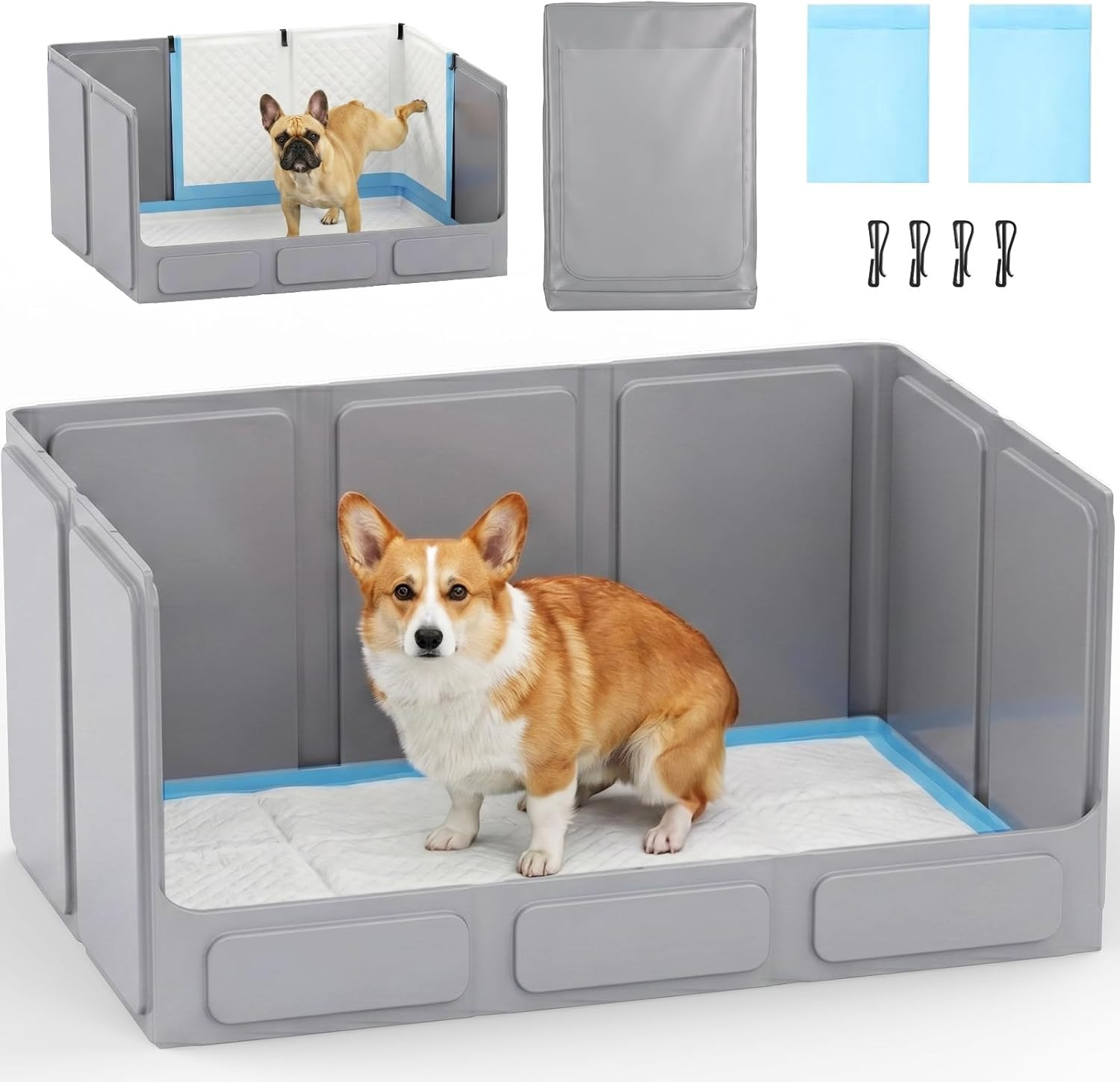 Dog Litter Box with High Walls, Foldable Pee Pad Holder, 33×22×16″ | Waterproof