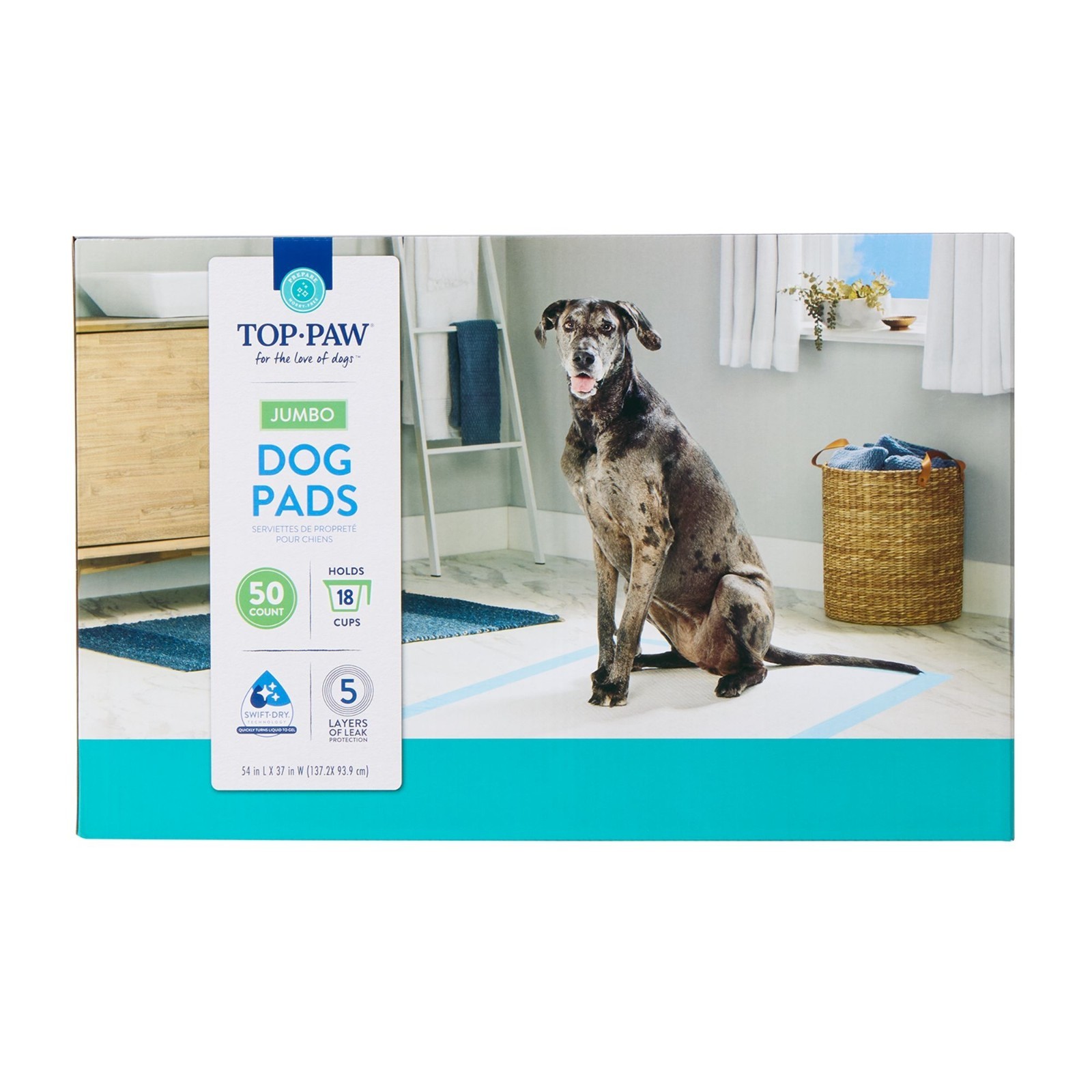 Top Paw Jumbo Premium Dog and Puppy Pee Pads, 54″ x 37″, Unscented, 50 count