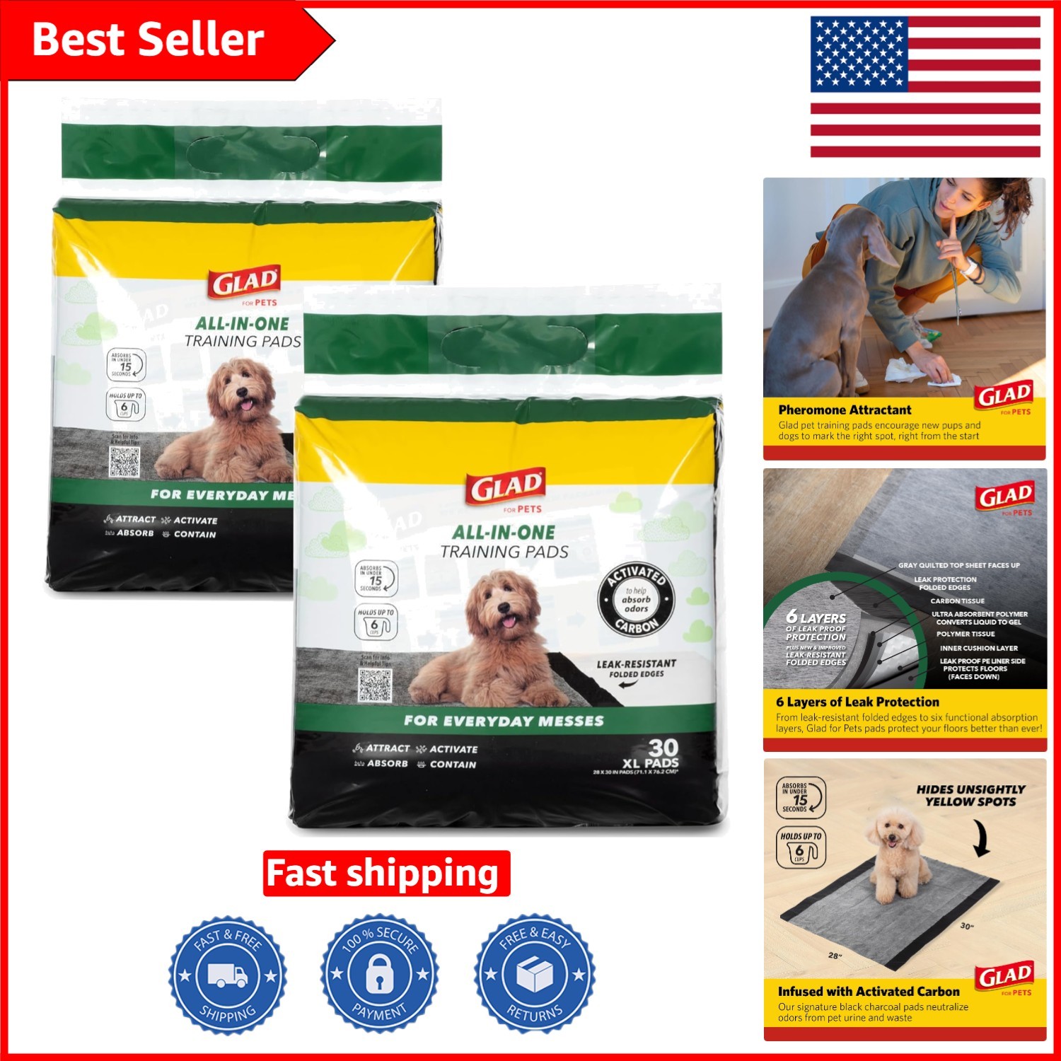Charcoal Dog Pee Pads – Extra Large Leak-Proof Training Pads 50 Count, 28″x30″