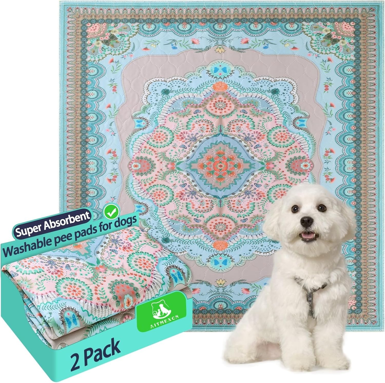 Washable Puppy Pee Pads for Dogs with Pheromones (Bohem 24″ X24″ 2 Pack), Traini