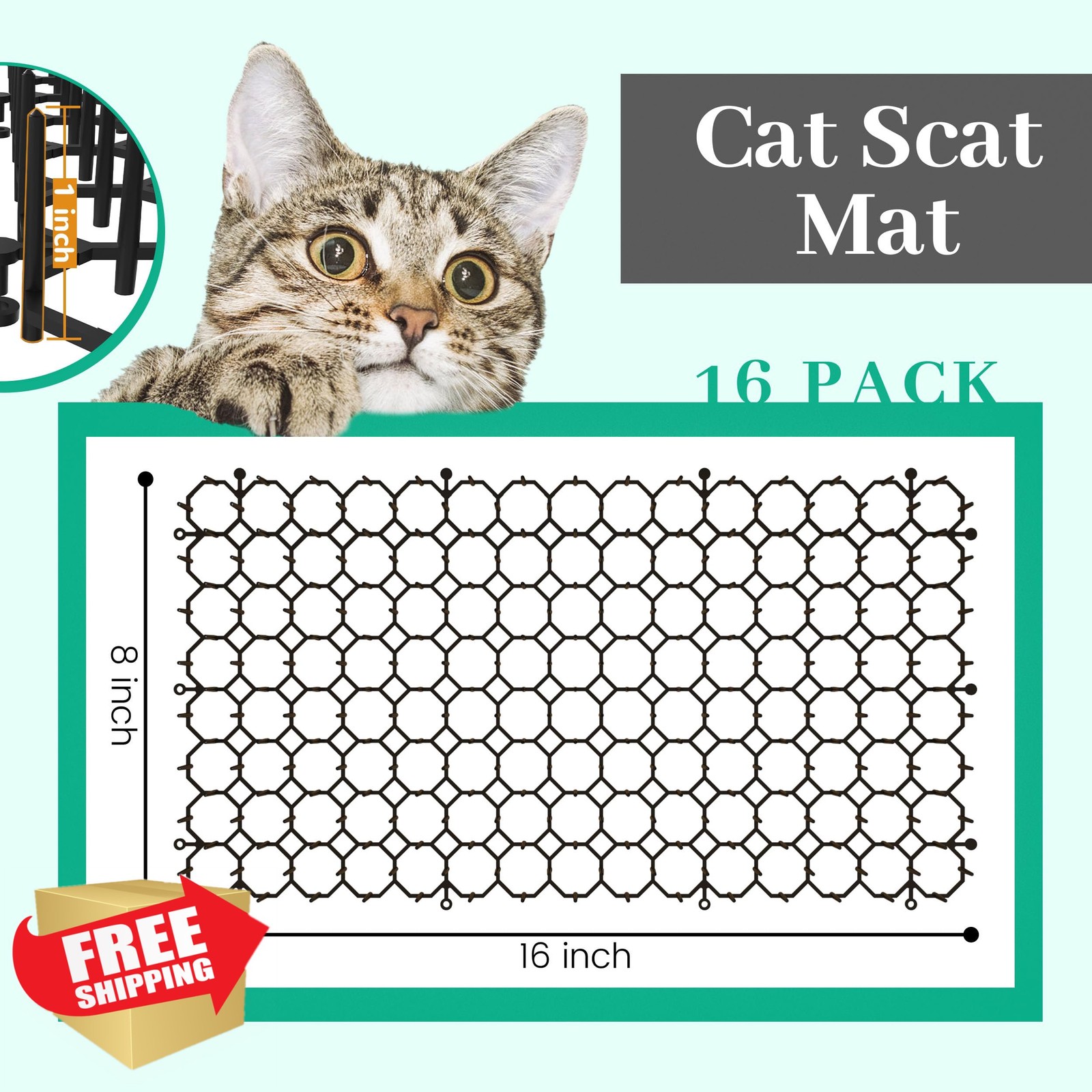 Hmyomina Cat Scat Mat 16 Pack Spikes Deterrent Indoor Outdoor Dog Mat 16×8 Inch