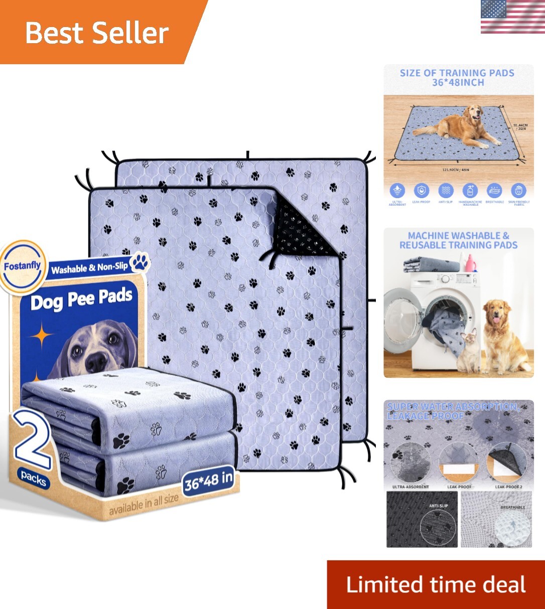 Super Absorbent Washable Dog Pee Pads 36″x48″ – 2 Pack for Ultimate Protection