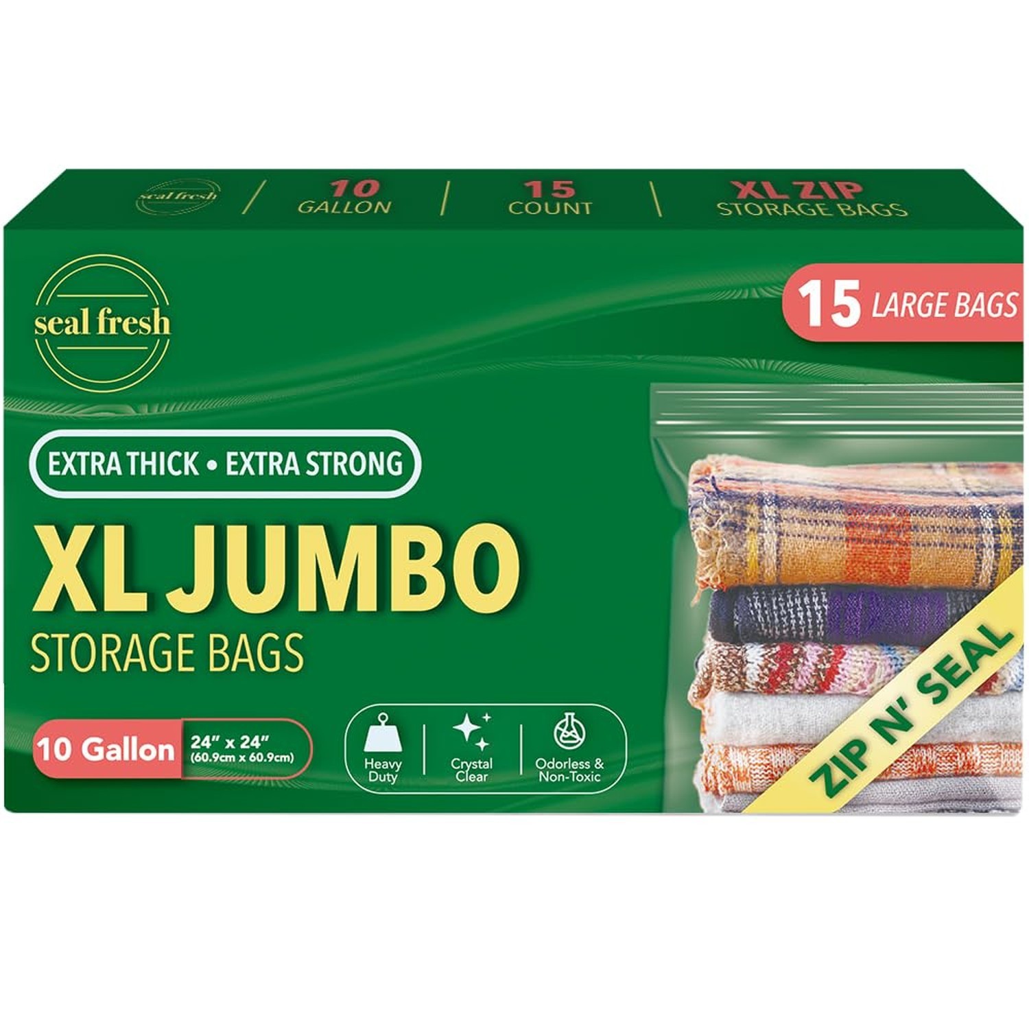 Seal Fresh 10 Gallon Large Plastic Storage Bags – 24″ x 24″ (15 Count) 