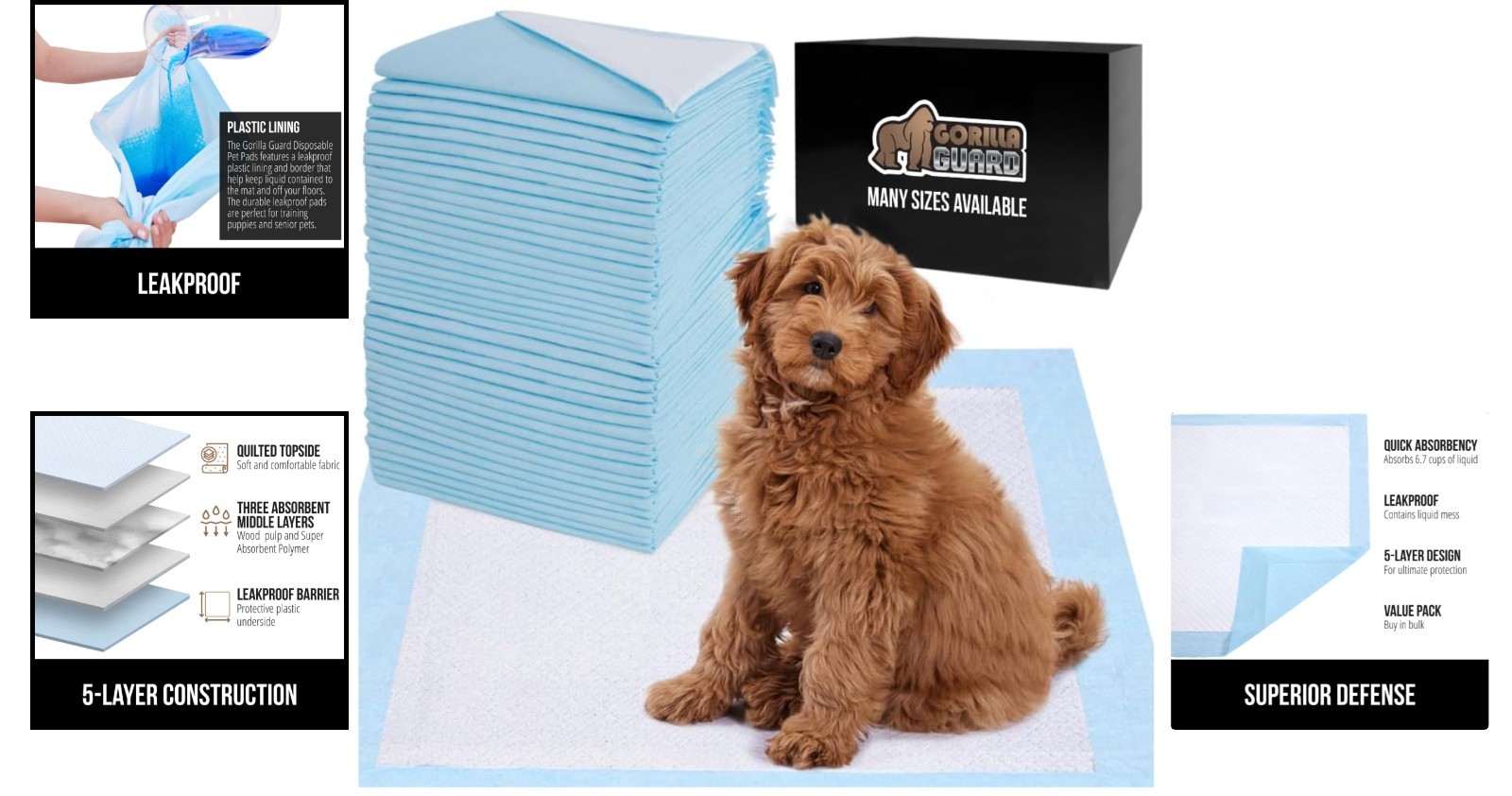 Gorilla Guard 100 Pack Disposable Puppy Pads – 5-Layer Protects Floors, 22″x22″