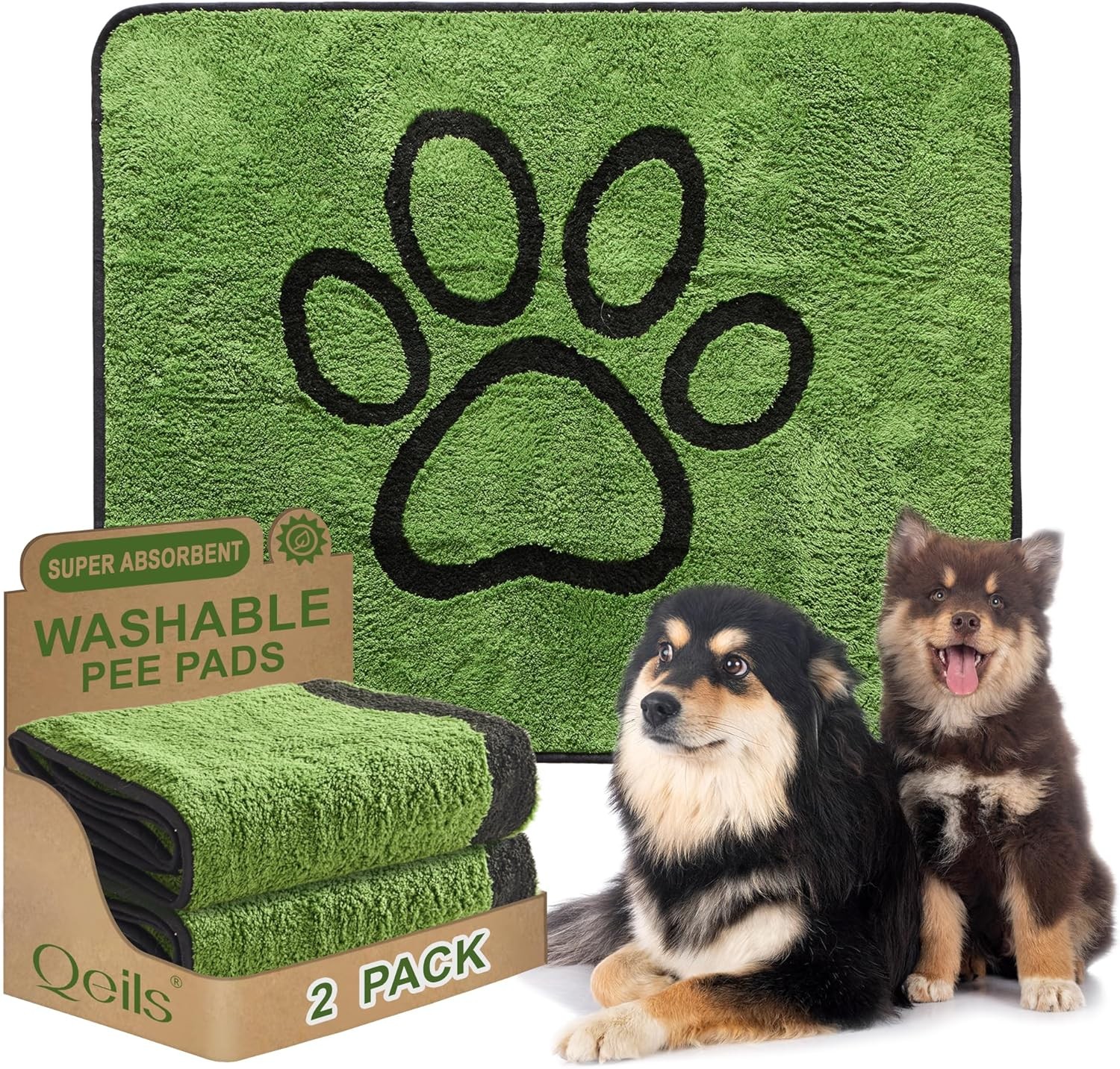 Qeils Washable Pee Pads for Dogs, 2 Pack 36"x41"(pack of 2), Green