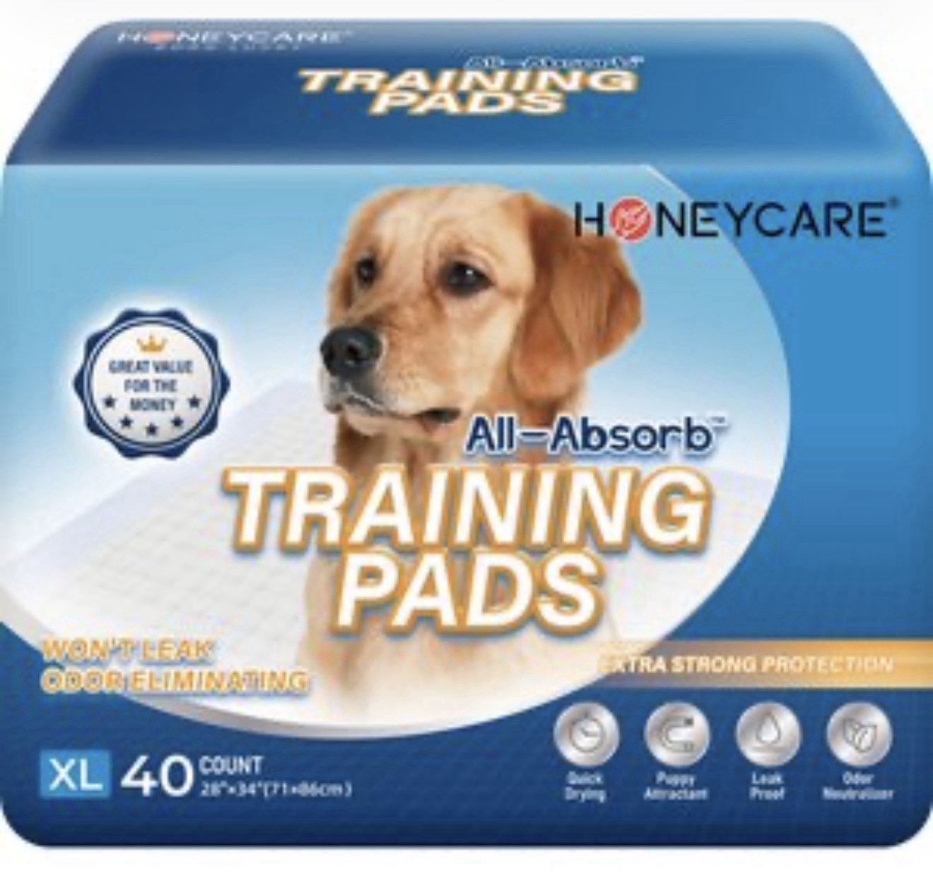 Honeycare Training Pads 22x22in Leak Proof Odor Neutralizer Quick Dry chewy
