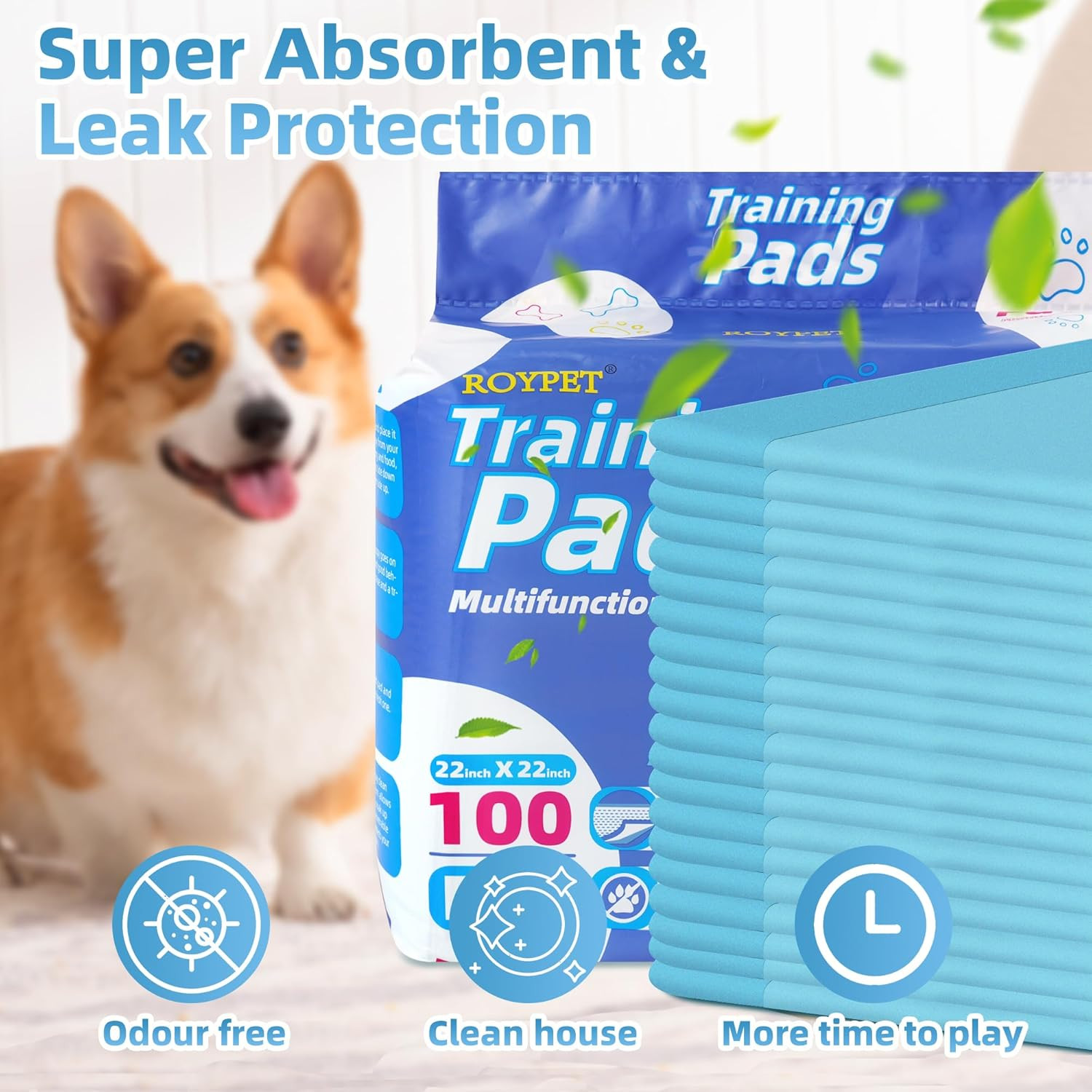 22″ X 22″ Puppy Training Pads in Bag, 5-Layer Leak-Proof Design and Quick-Dry, S