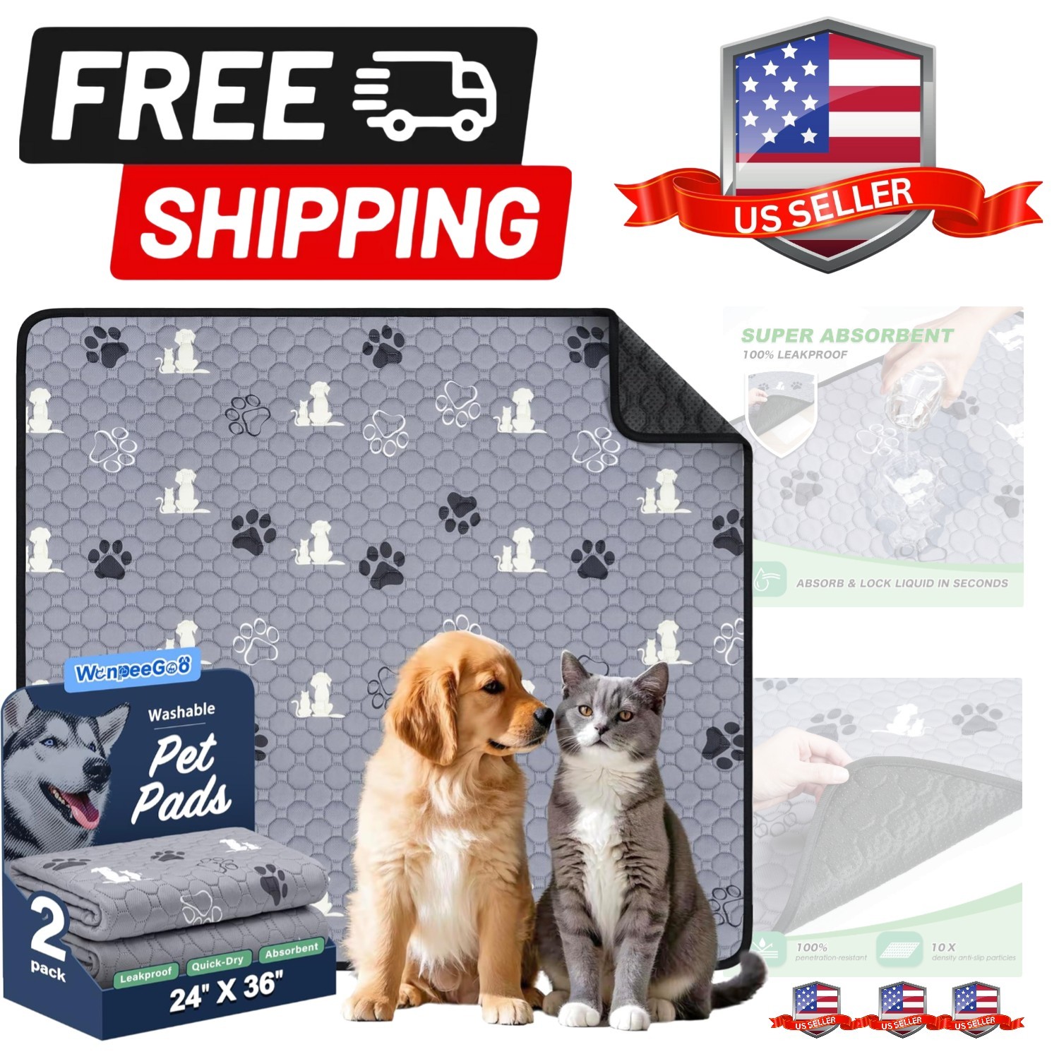Washable Pee Pads for Dogs Mat, 2 Pack Absorbent Reusable Training Dog Pads P…