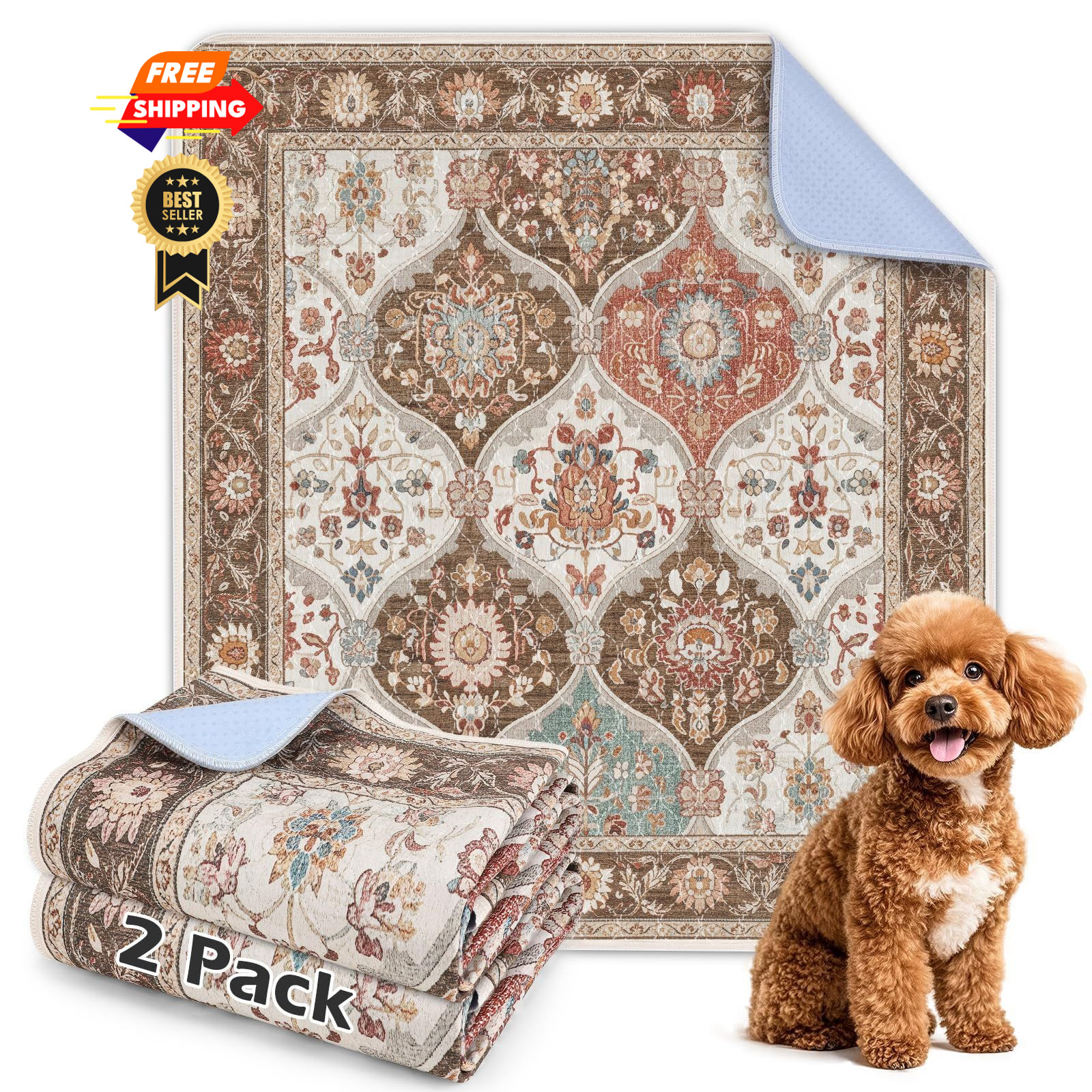 INVENHO 2PACK Washable Pee Pads for Dogs, 36×41 Inch (Pack of 2), Brown