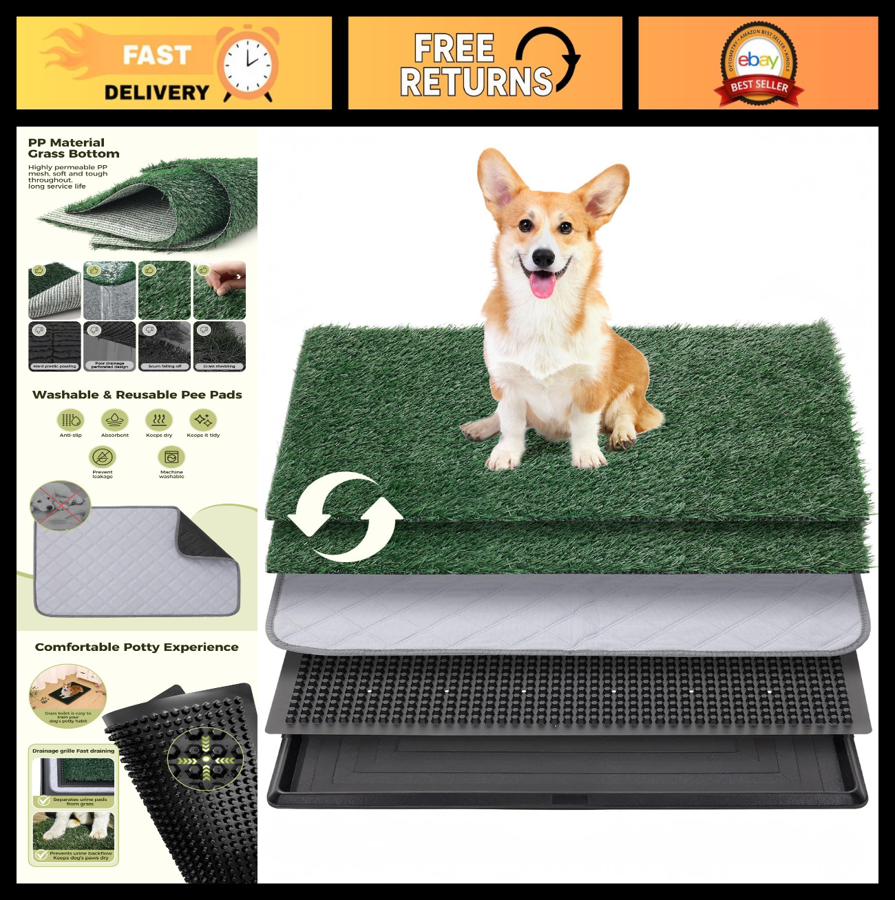 Indoor Dog Grass Pad with Tray, 25″x20″ Potty Solution, Washable, Less Odor, 2pc