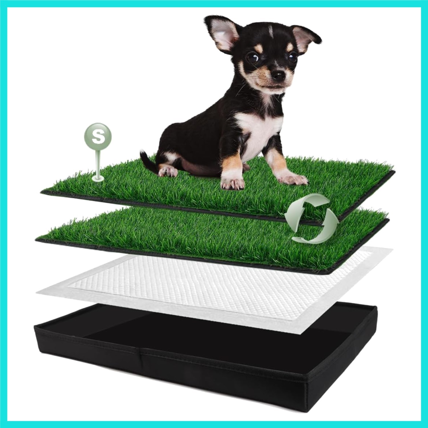 Dog Grass Pad with Dog Litter Box, Small Liner Base 23”×15” for Balcony, 2 Ar…