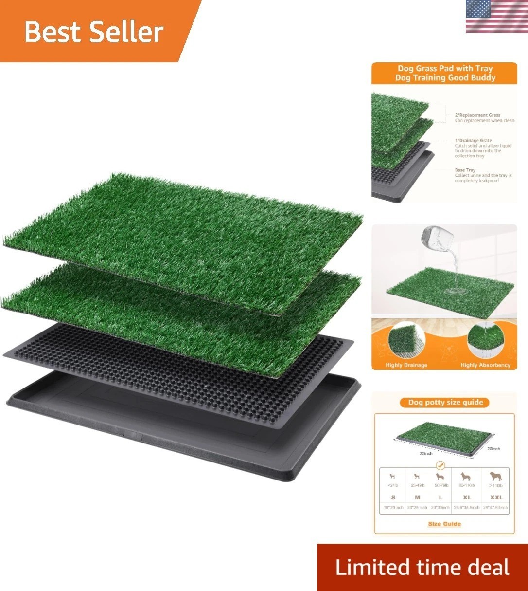 All-in-One Dog Potty Pad System – 20×30 Inch Tray with Two Easy-Clean Grass Mats