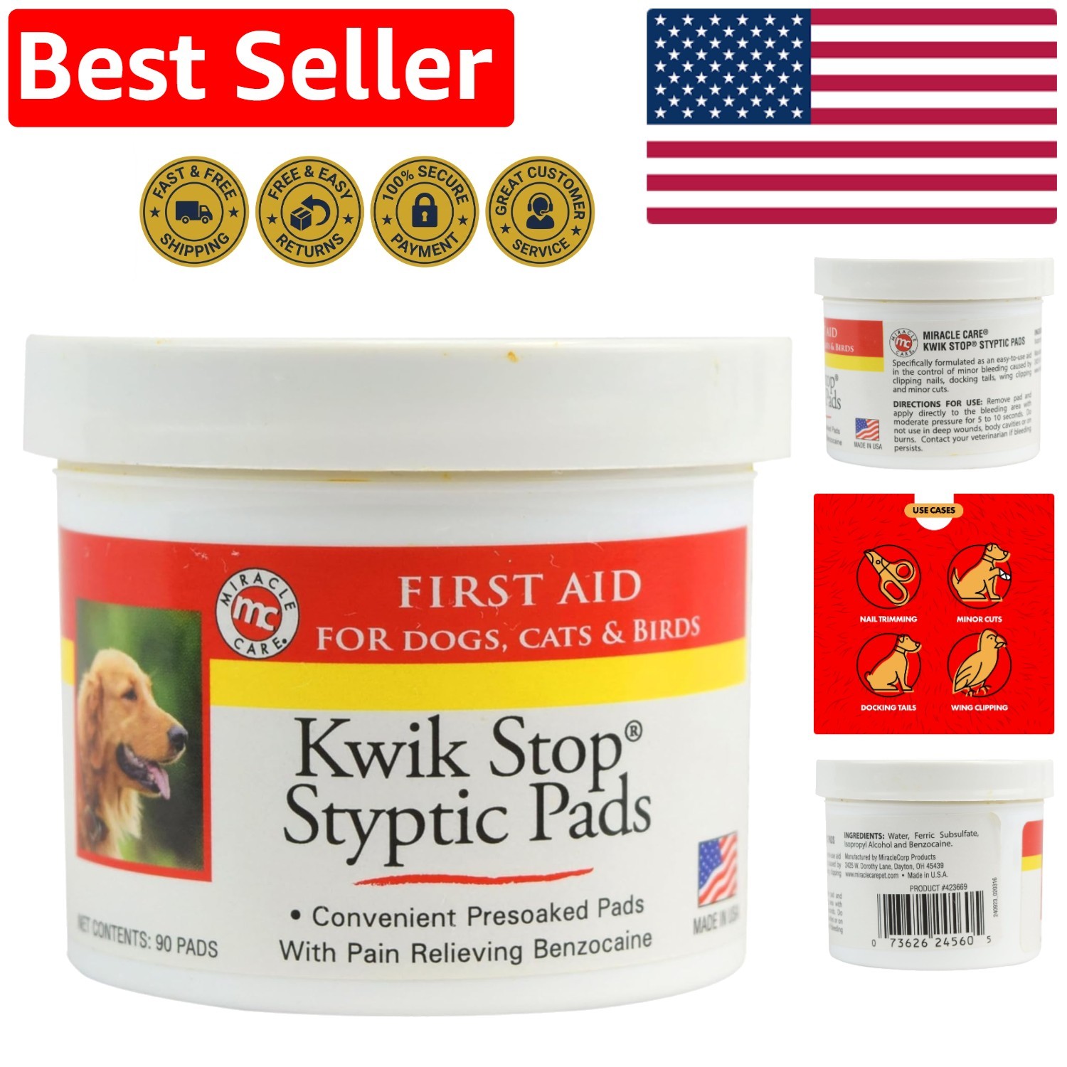 90 Pre-Soaked Styptic Pads for Fast Bleed Control in Pets – Dogs, Cats & Birds