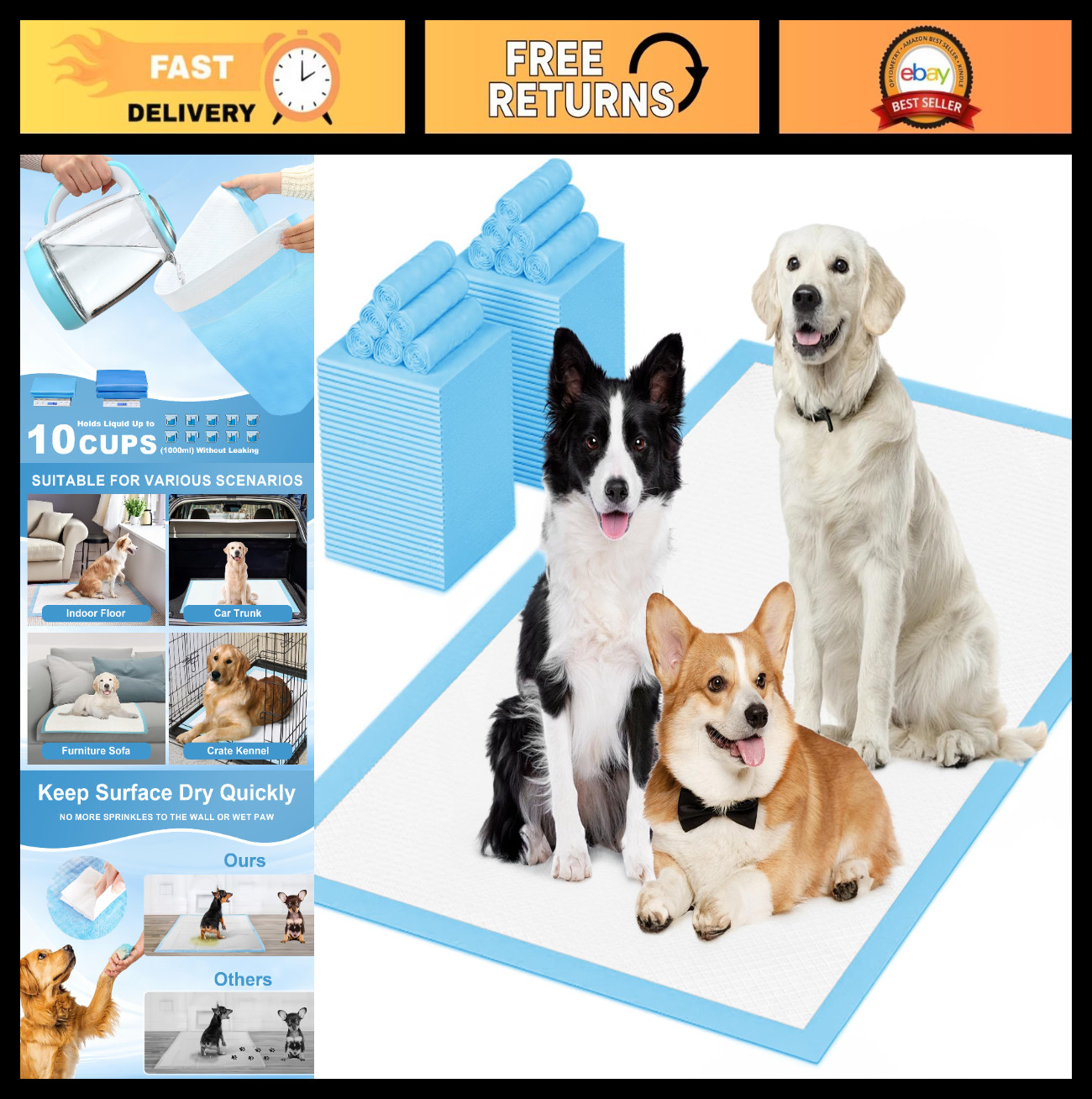 Extra Large Puppy Pee Pads 28″x44″ – 40 Count, Leak-Proof, Super Absorbent Train