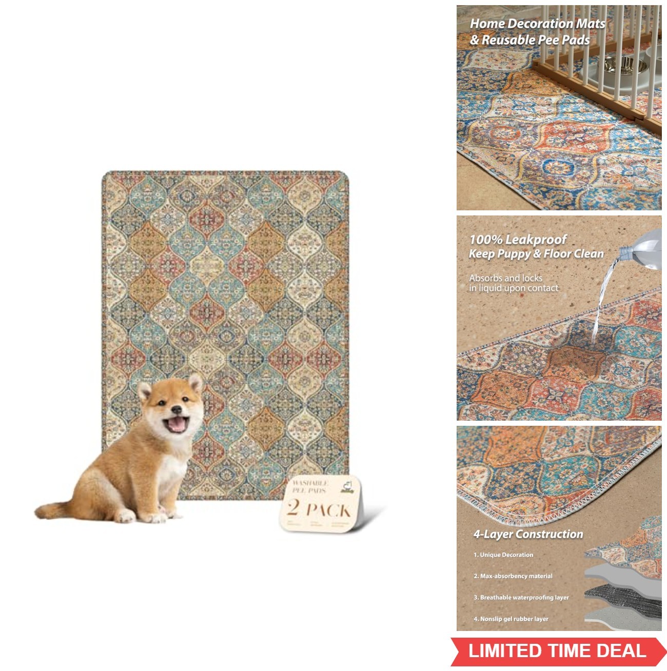 Washable Dog Pee Pad 18×24 Inch Non-Slip Leak Proof Reusable Absorbent Puppy