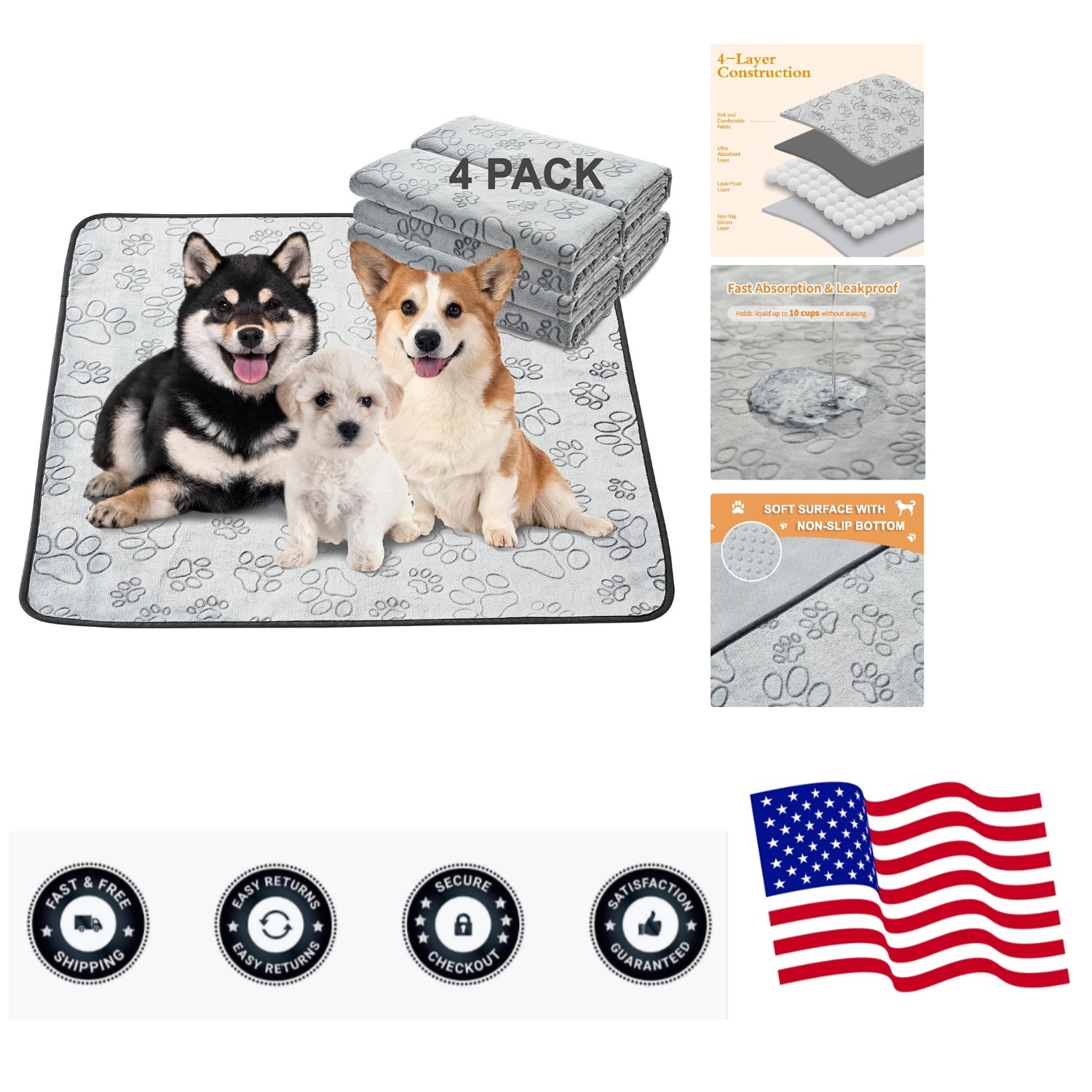 Reusable Puppy Pads, 34″x 36″ 4 Pack Washable Pee Pads for Dogs, Waterproof N…