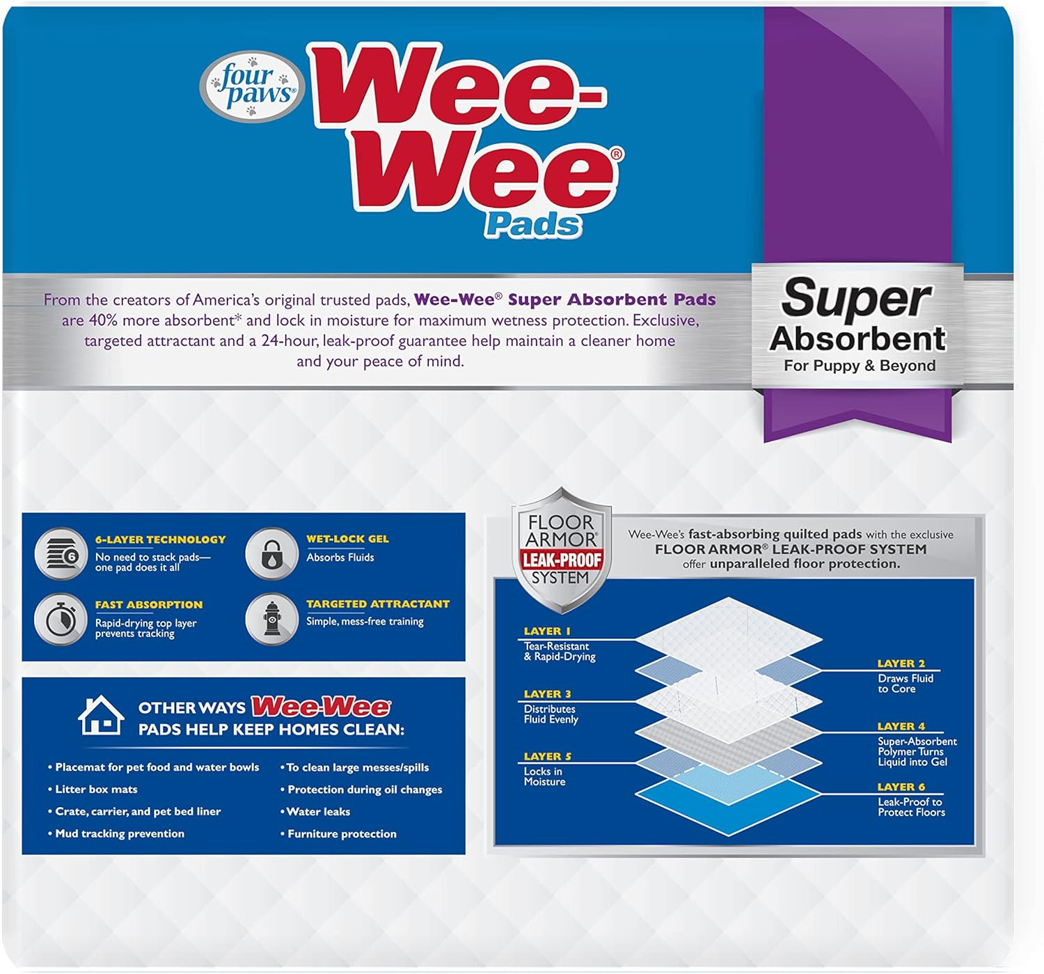 Wee-Wee Super Absorbent Unscented Pee Pads for Dogs & Puppies with Insta-Rise Bo