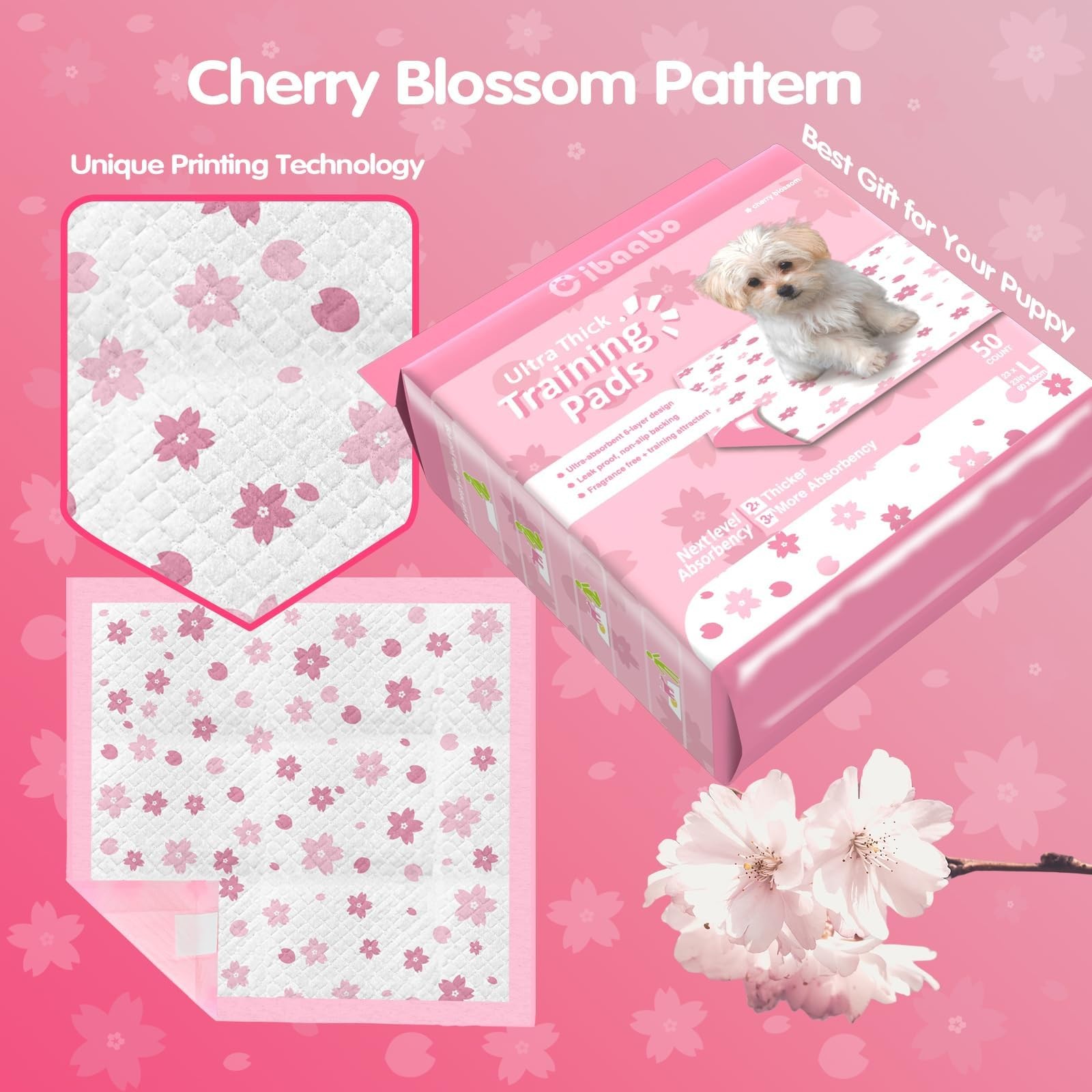 Pink Puppy Pads, 50 Count Cute Dog Pee Pad with Adhesive Tabs for Potty Train…