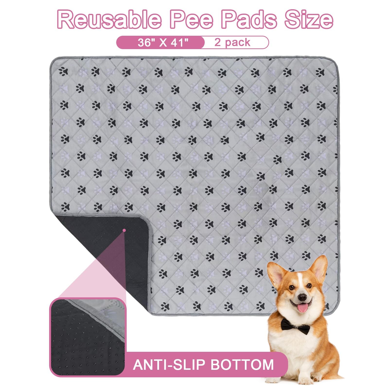 2 Pack Waterproof Reusable Dog Pee Pads 36×41 Non Slip Absorbent Training Mat