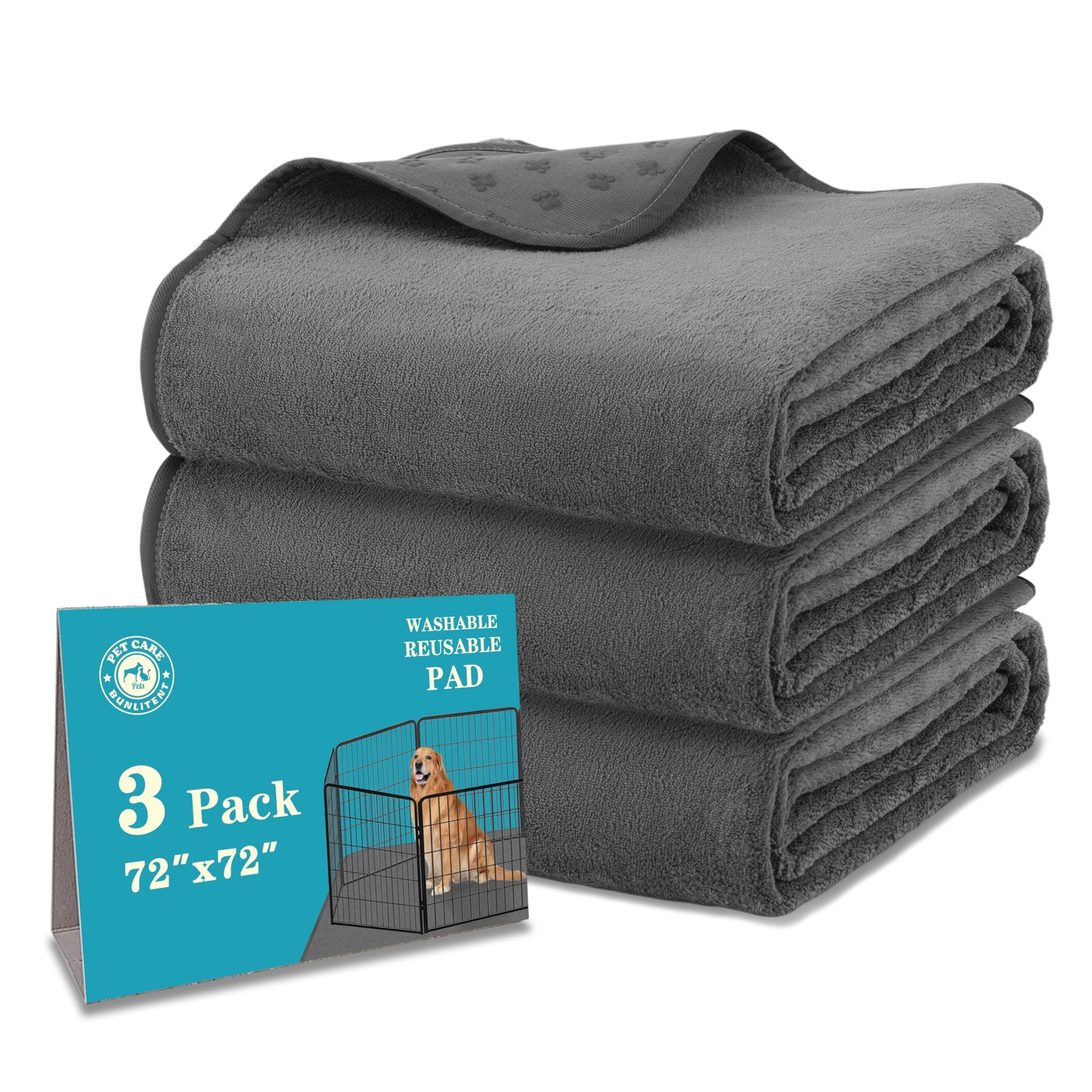 Bunlitent Washable Pee Pads for Dogs 72” x 72”, 72×72 Inch(Pack of 3), Gray