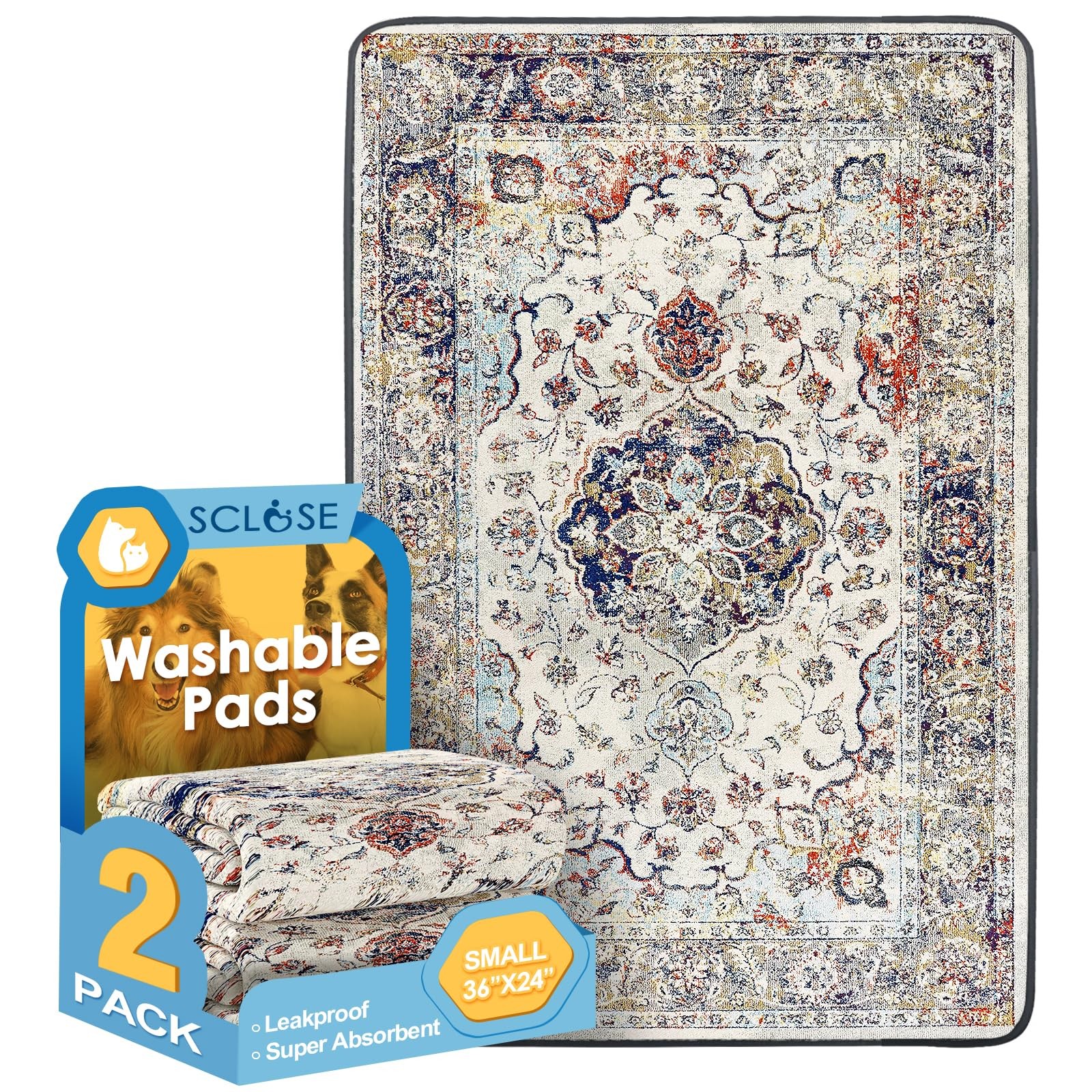 SCLOSE Washable Pee Pads for Dogs 2 36″ x 24″ (2 Pack), Vintage Medallion