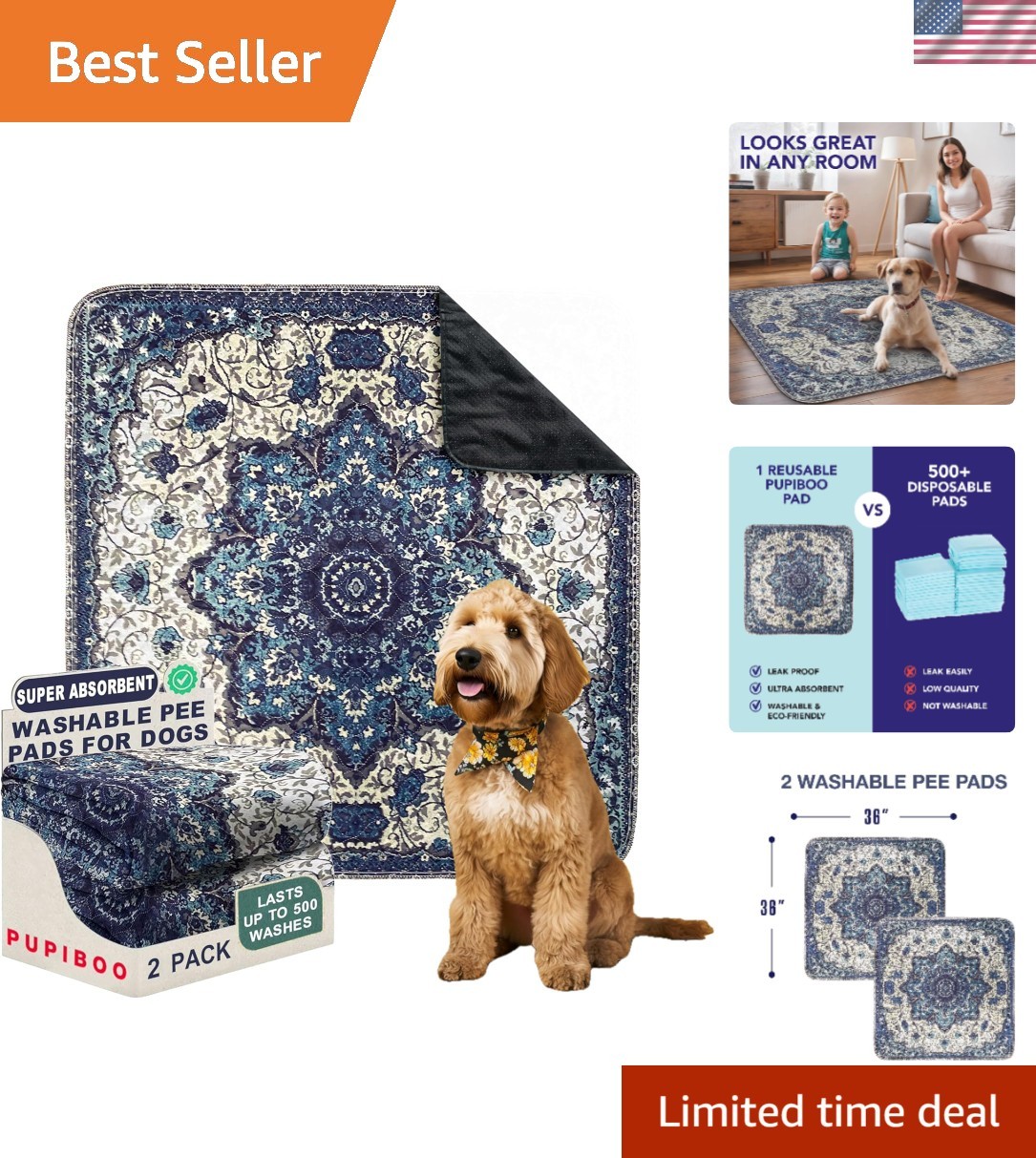Super Absorbent Washable Dog Training Pads – 2 Pack, 36″x36″, Non-Toxic Material