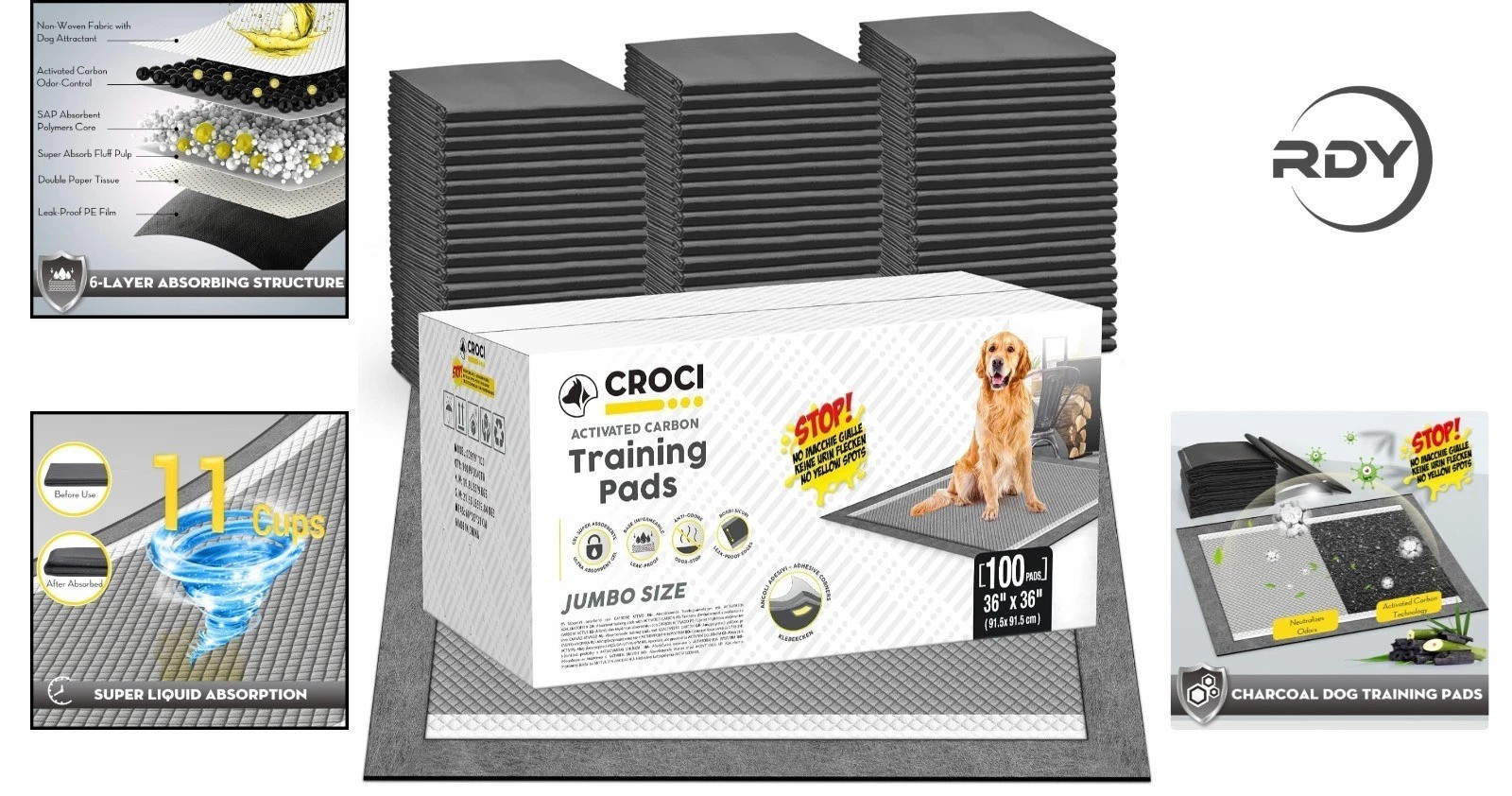100 Count Puppy Pads 36×36” – Activated Carbon Odor Control & Leak-Proof