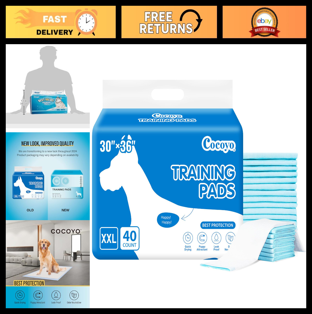 XXL Training Pads 30″ x 36″ – 40 Count, Super Absorbent Pet Pads for Dogs