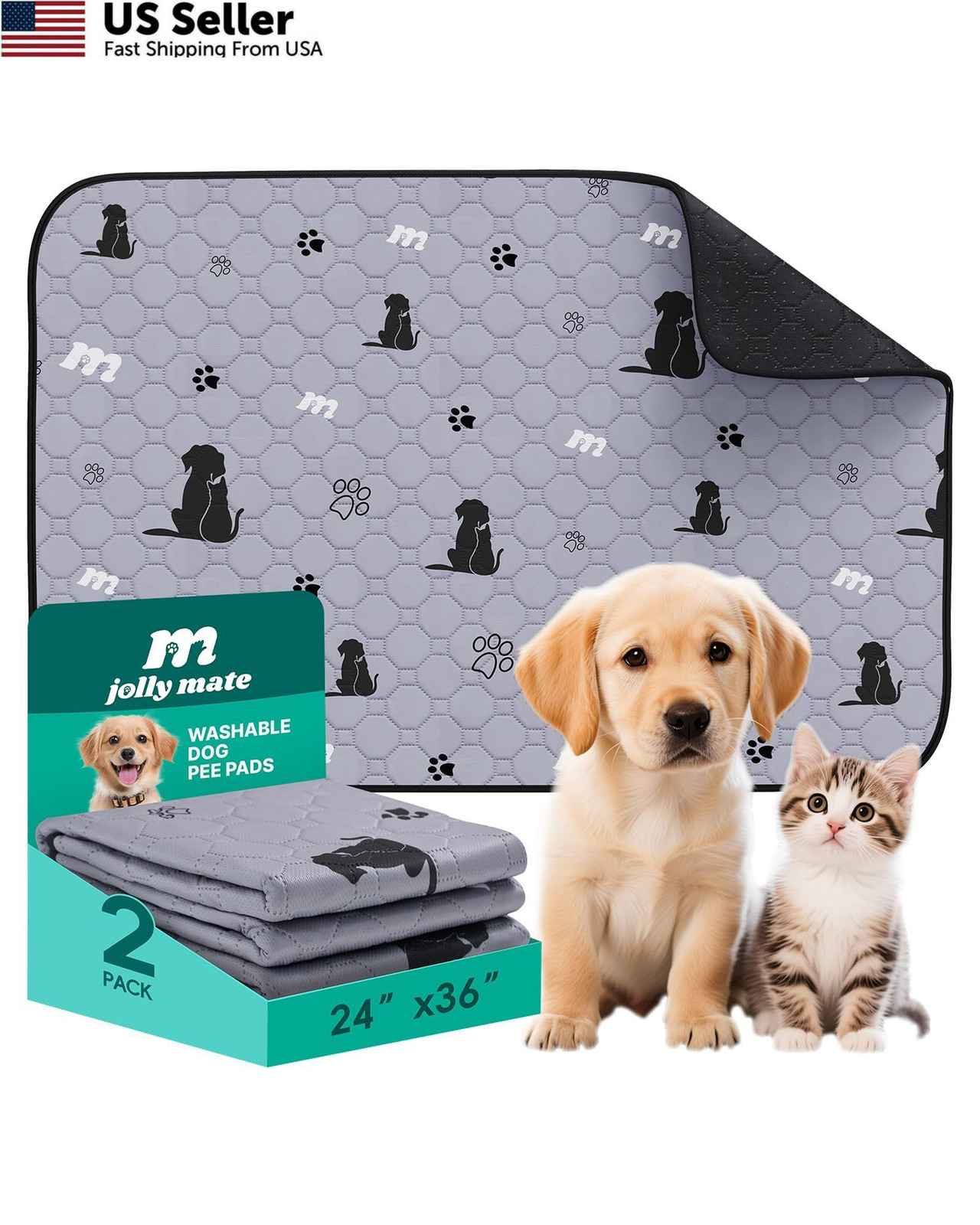 JollyMate 24″x36″ Washable Pee Pads for Dogs, 24″x36″-2 Packs, Gray