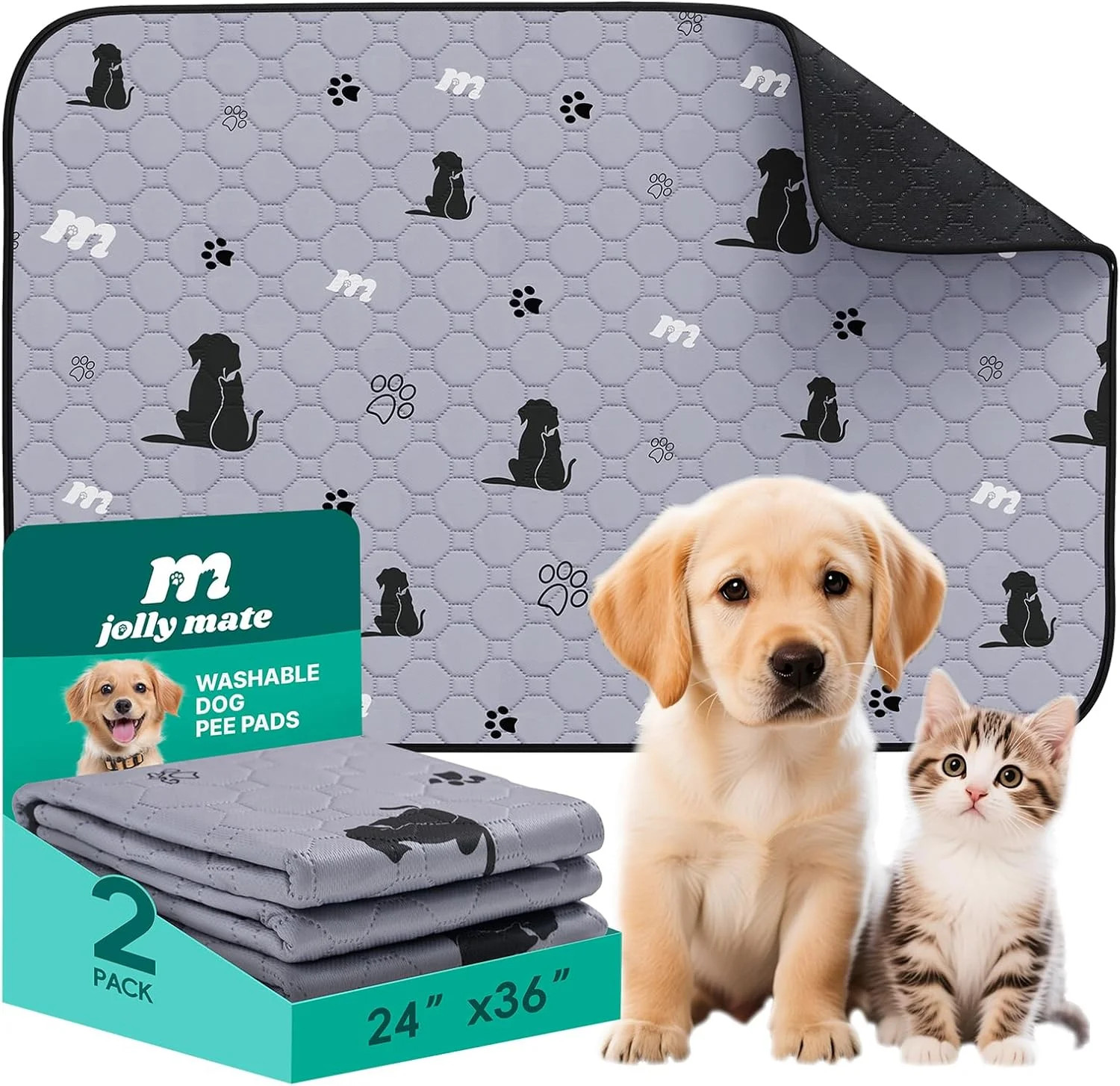 JollyMate 24″x36″ Washable Pee Pads for Dogs, Ultra-Absorbent and Leak-Proof Reu