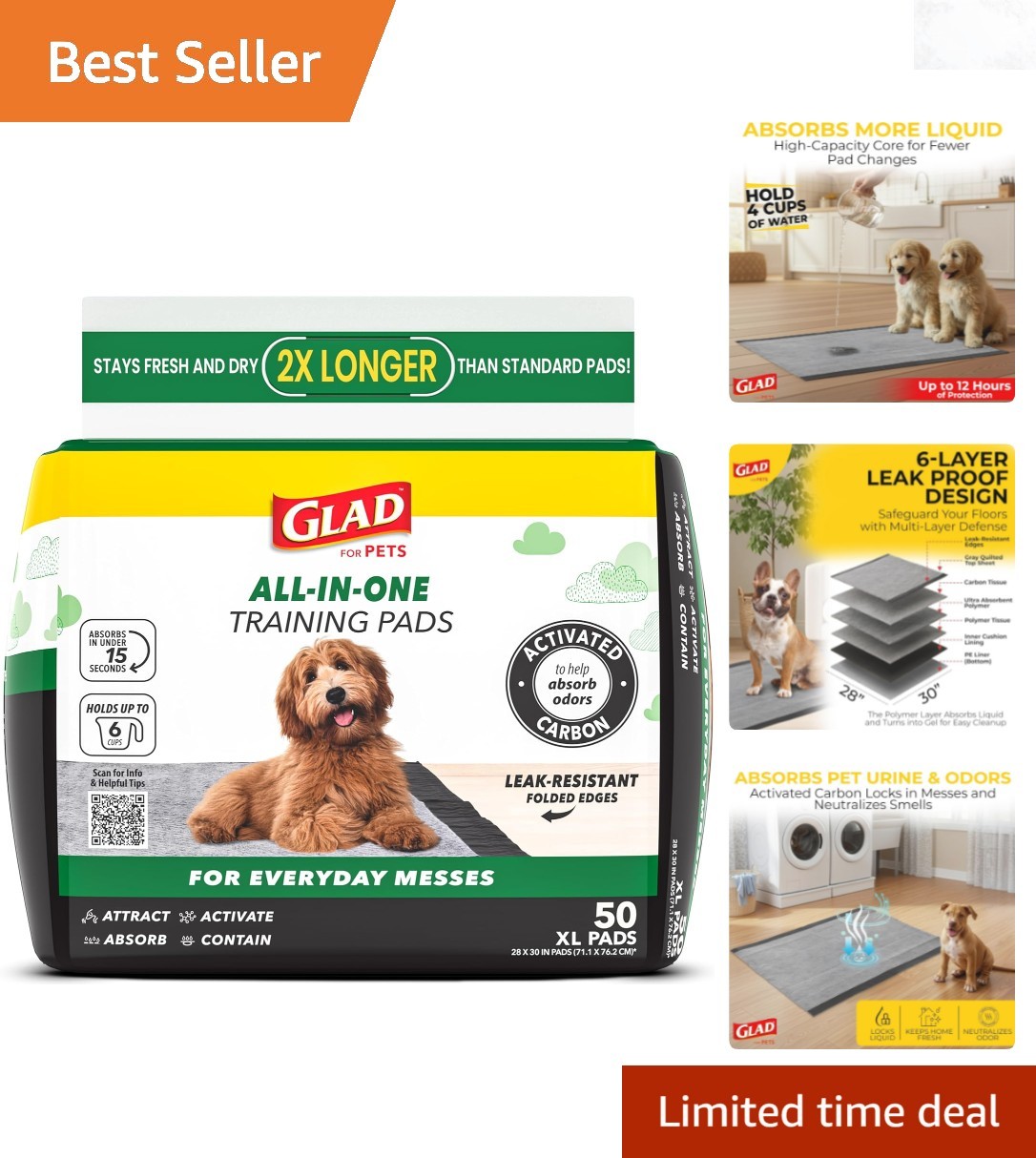 Pets Large Dog Training Pads Activated Charcoal 28×30 Jumbo 50 Count