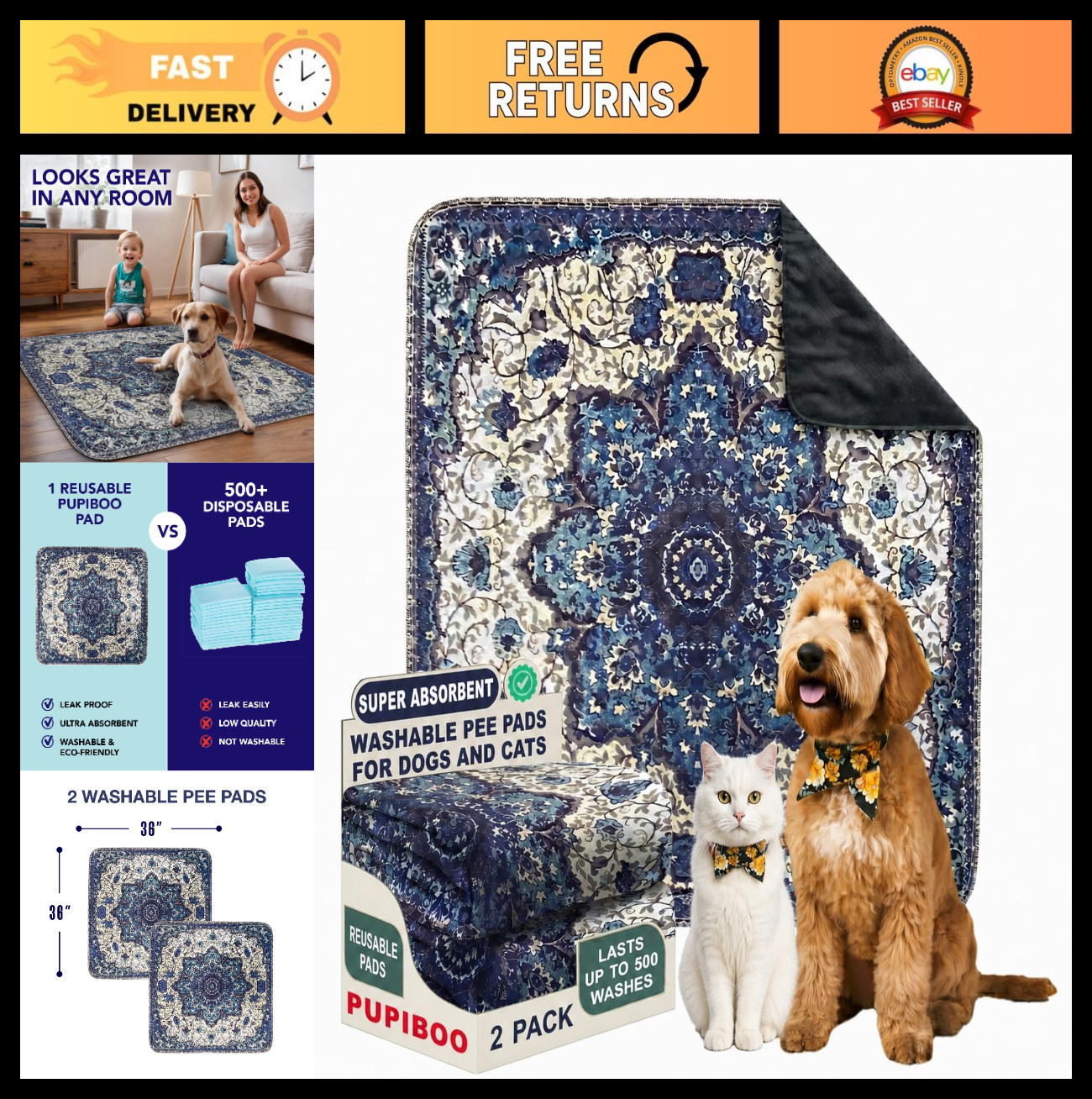 Washable Dog & Cat Pee Pads – Super Absorbent, Waterproof, Leak-Proof, Non-Slip