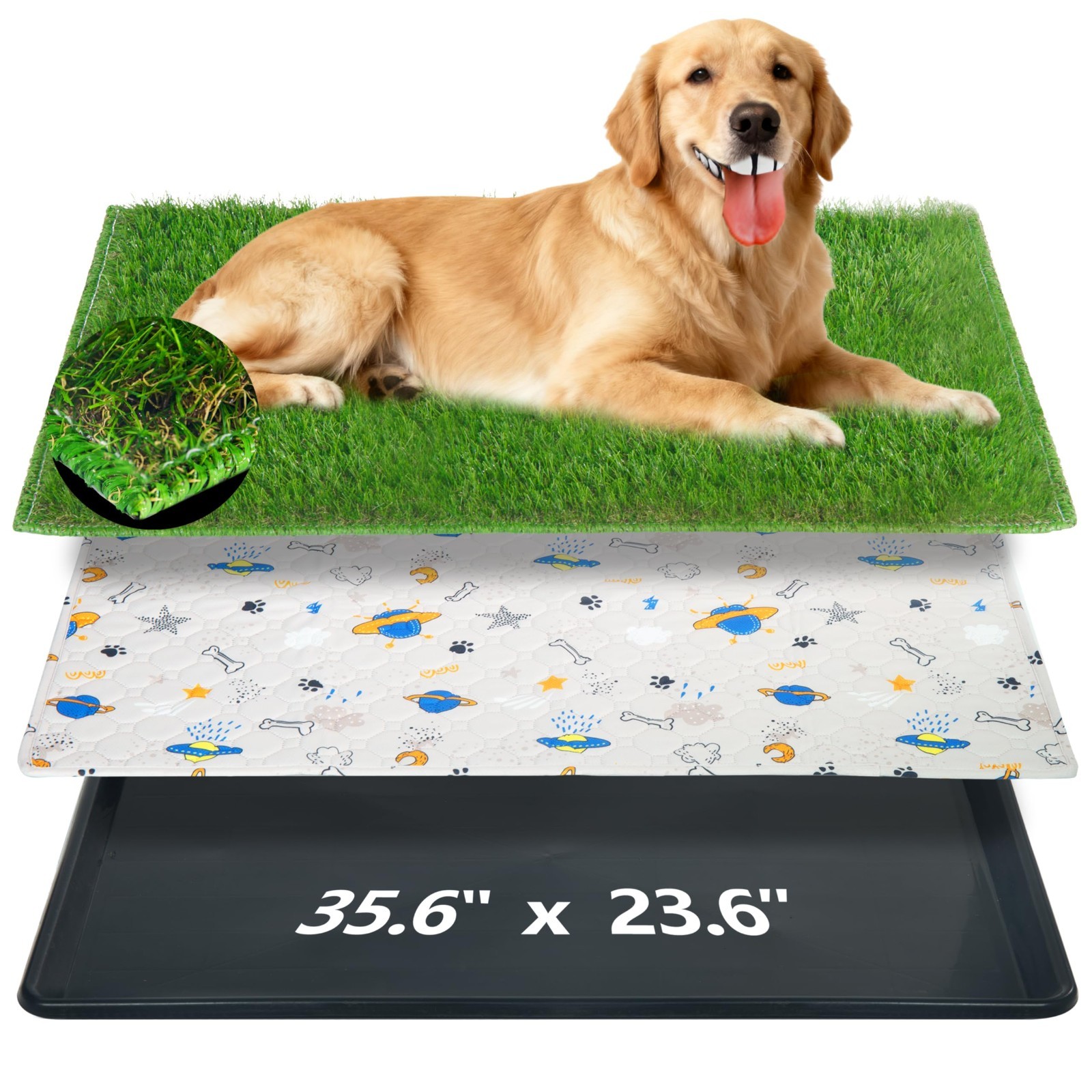 Portable Reusable Dog Loo System – Large 35x23in Turf & Pee Pads for Potty Train