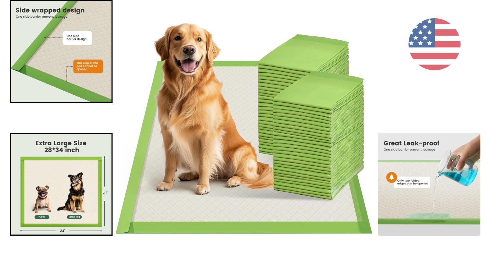 Full Edge-Wrapping Eco-Friendly Dog Pads – 28″x34″ for Dogs & Puppies, 30 Count