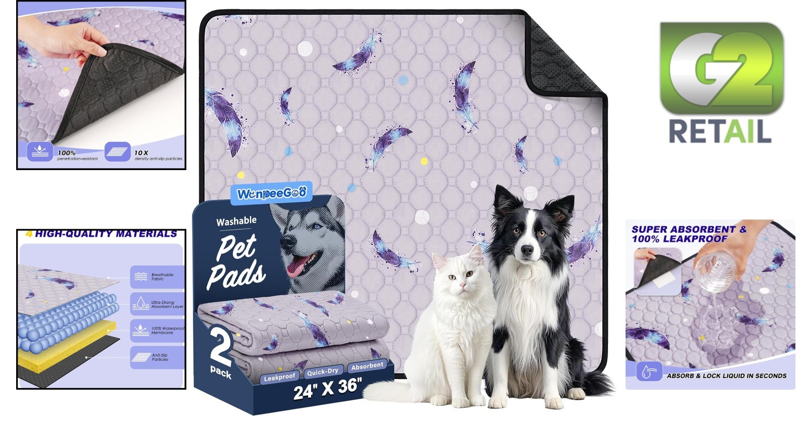Washable Pee Pads for Dogs, 2Pack Reusable Puppy Pads, Super Absorbent & Leakpro