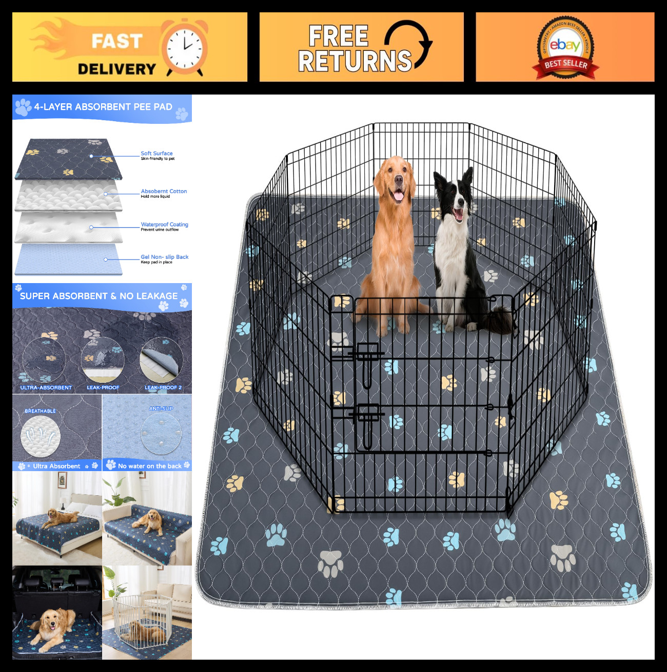 Large Washable Dog Pee Pads 48″x48″ – Ultra-Absorbent, Leak-Proof, Non-Slip Trai