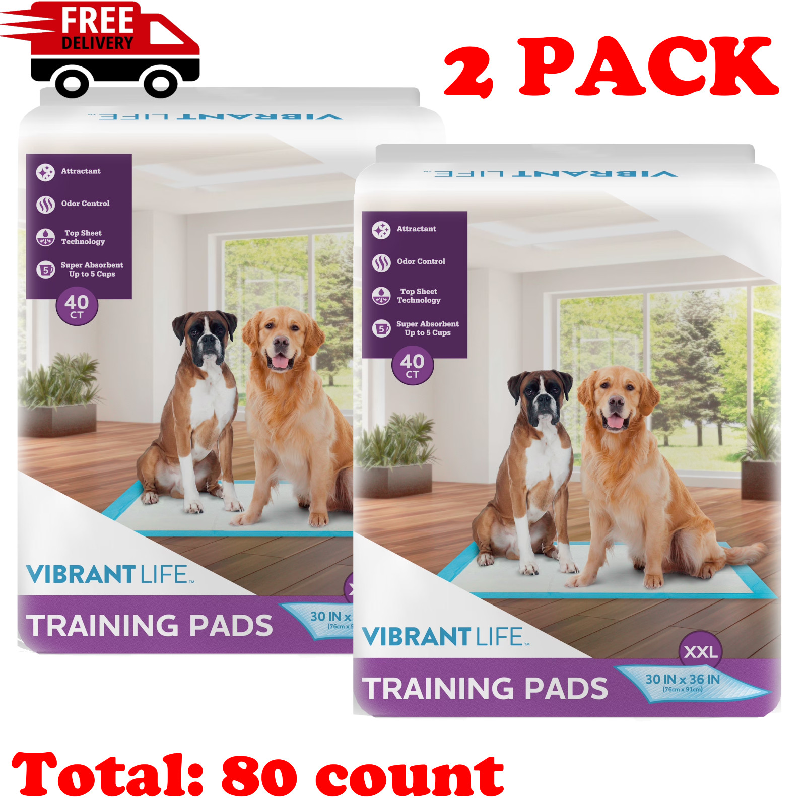 2 PACK – Vibrant Life XXL Dog Training Pads 30 x 36 in Odor Control, 40 Count