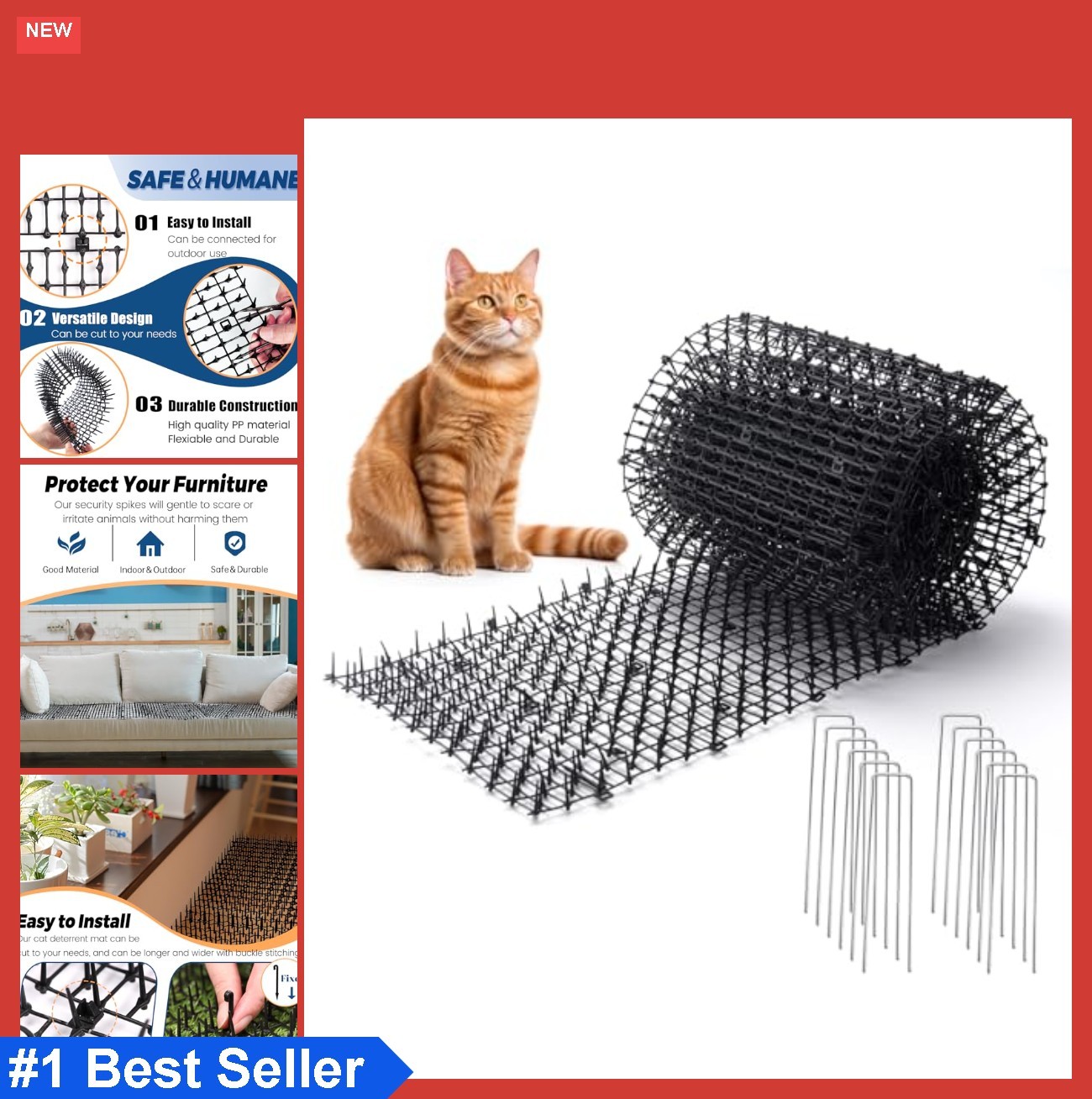 Cat Scat Mat 13FT Spike Outdoor Indoor Pet Deterrent with Garden Staples for